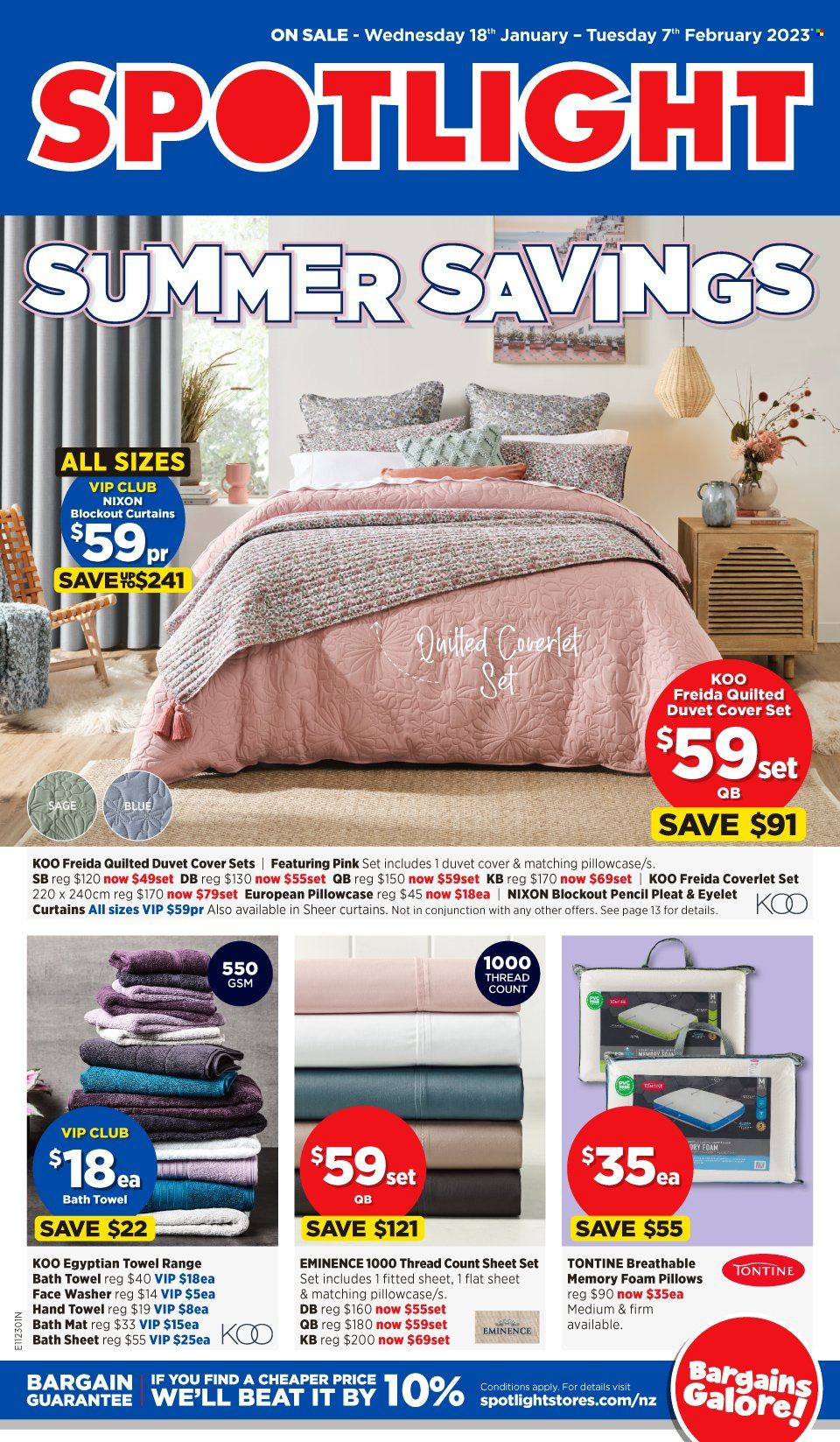 thumbnail - Spotlight mailer - 18.01.2023 - 07.02.2023 - Sales products - pencil, duvet, pillow, pillowcase, foam pillow, curtain, quilt cover set, bath mat, bath towel, towel, hand towel. Page 1.