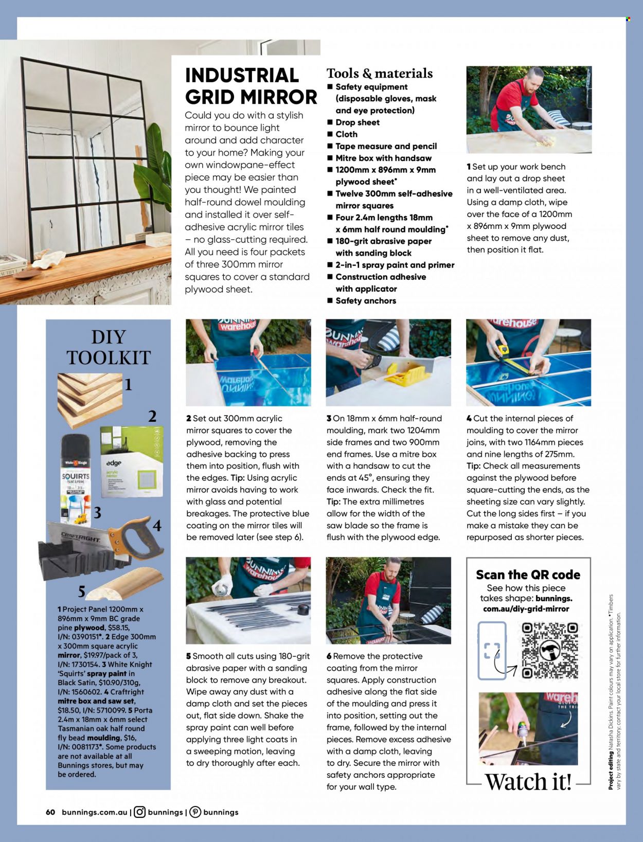 thumbnail - Bunnings Warehouse mailer - 01.02.2023 - 28.02.2023 - Sales products - work bench, bench, mirror, disposable gloves, sheeting, plastic drop sheet, spray paint, paint, moulding, saw, handsaw, measuring tape. Page 60.