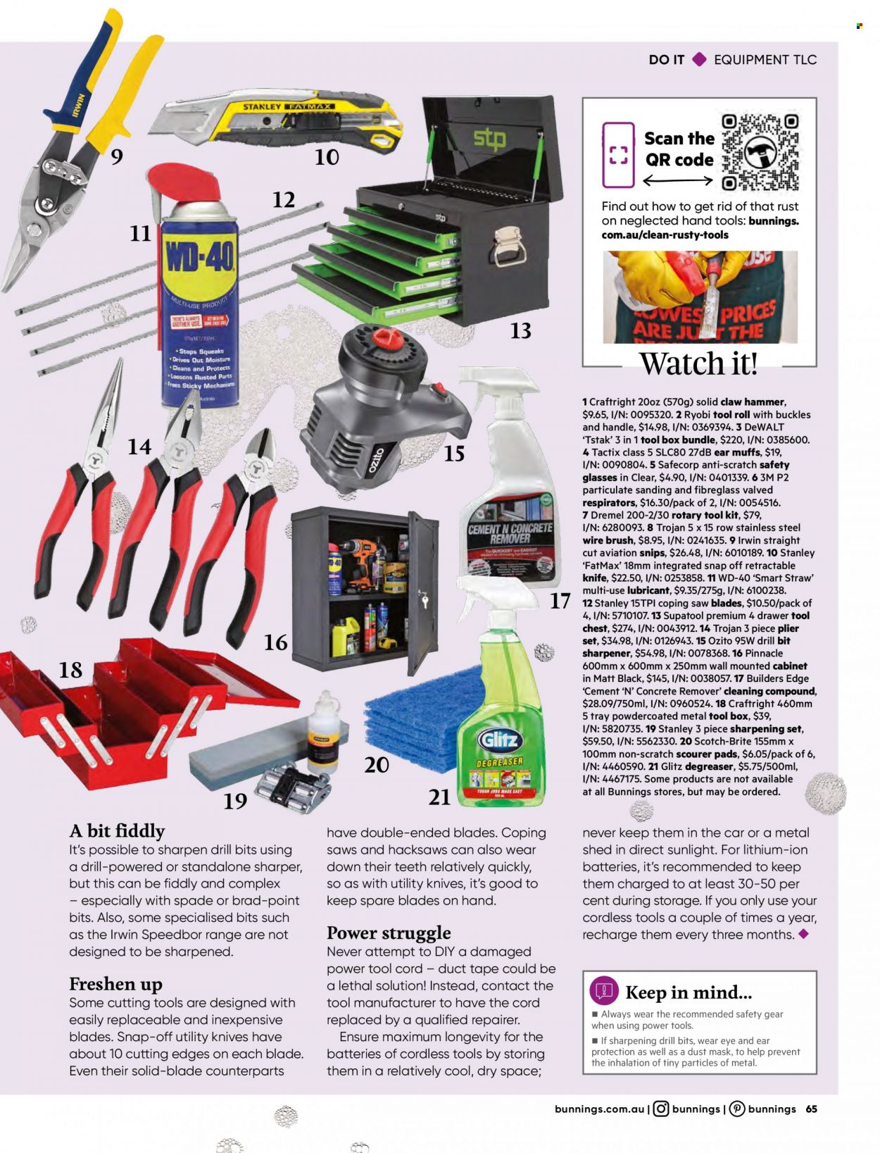 thumbnail - Bunnings Warehouse mailer - 01.02.2023 - 28.02.2023 - Sales products - cabinet, knife, brush, sharpener, Stanley, DeWALT, power tools, hammer, Ryobi, snips, pliers, tool box, tool set, spade, claw hammer, tool chest, hand tools, wire brush, safety glasses, lubricant, WD-40, shed. Page 65.