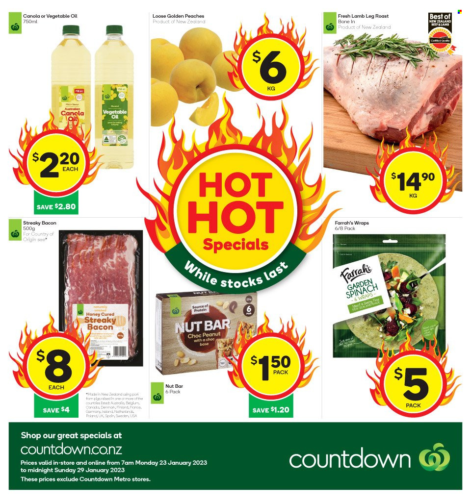 thumbnail - Countdown mailer - 23.01.2023 - 29.01.2023 - Sales products - wraps, spinach, peaches, bacon, streaky bacon, nut bar, oil, honey, lamb meat, lamb leg. Page 1.
