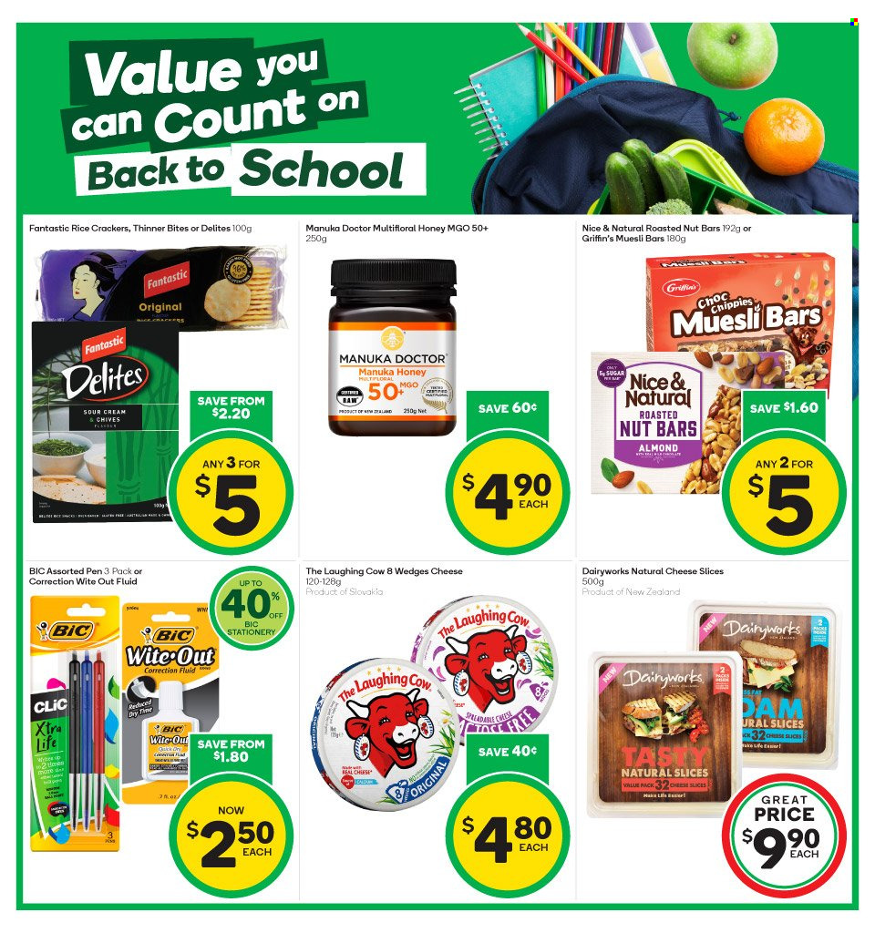thumbnail - Countdown mailer - 23.01.2023 - 29.01.2023 - Sales products - chives, sliced cheese, cheese, The Laughing Cow, crackers, Griffin's, rice crackers, sugar, nut bar, muesli bar, muesli, Manuka Honey, Rin, BIC, pen. Page 7.