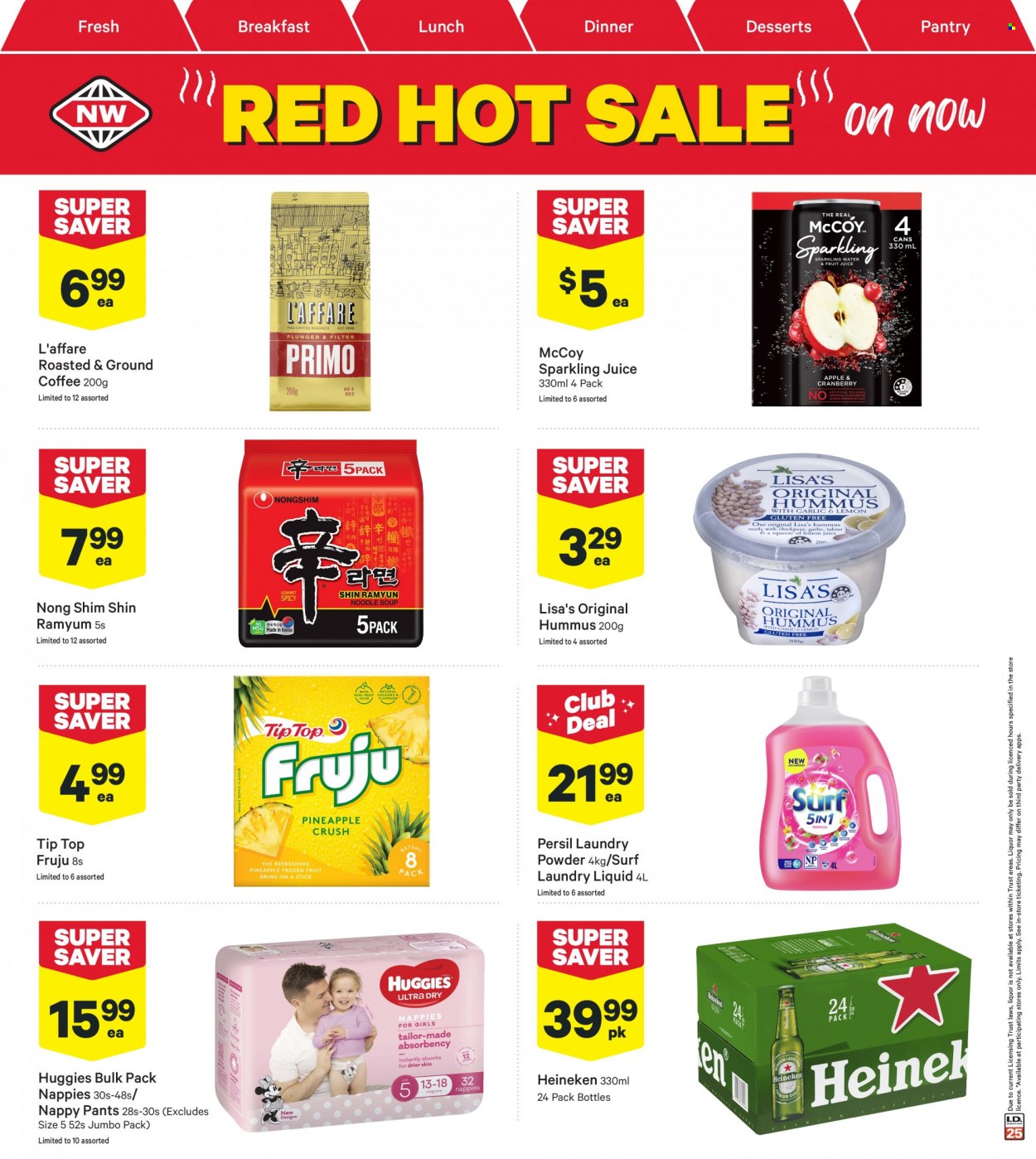 thumbnail - New World mailer - 23.01.2023 - 29.01.2023 - Sales products - Tip Top, hummus, juice, sparkling juice, coffee, ground coffee, beer, Heineken, Huggies, pants, nappies, Persil, laundry detergent, laundry powder, Surf. Page 3.