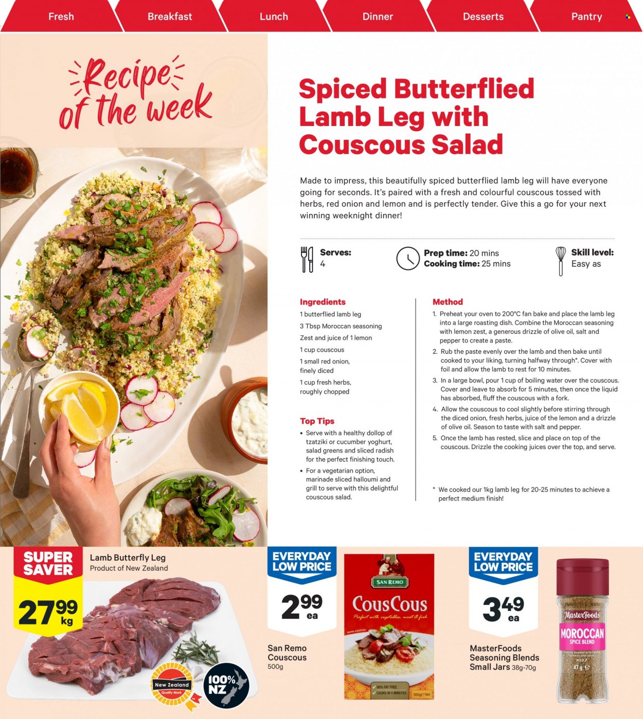 thumbnail - New World mailer - 23.01.2023 - 29.01.2023 - Sales products - onion, tzatziki, halloumi, yoghurt, couscous, pepper, spice, marinade, oil, lamb meat, lamb leg, fork, salad greens. Page 5.