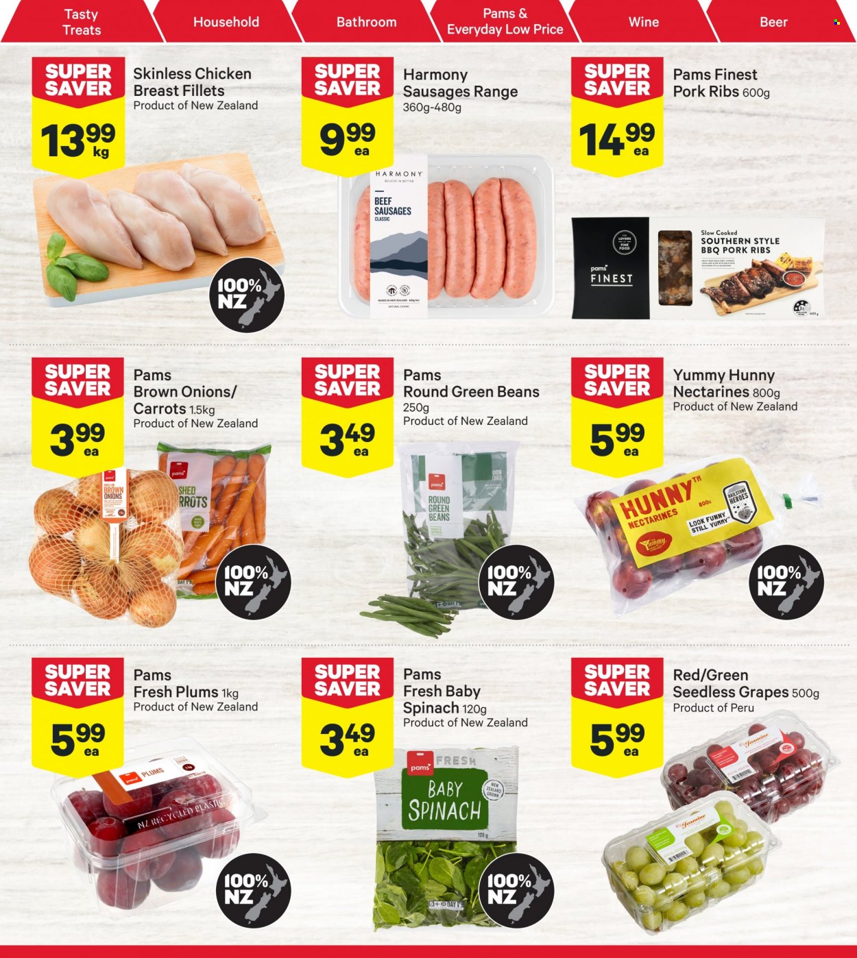 thumbnail - New World mailer - 23.01.2023 - 29.01.2023 - Sales products - beans, carrots, green beans, onion, grapes, nectarines, seedless grapes, plums, sausage, beef sausage, wine, beer, pork meat, pork ribs. Page 6.