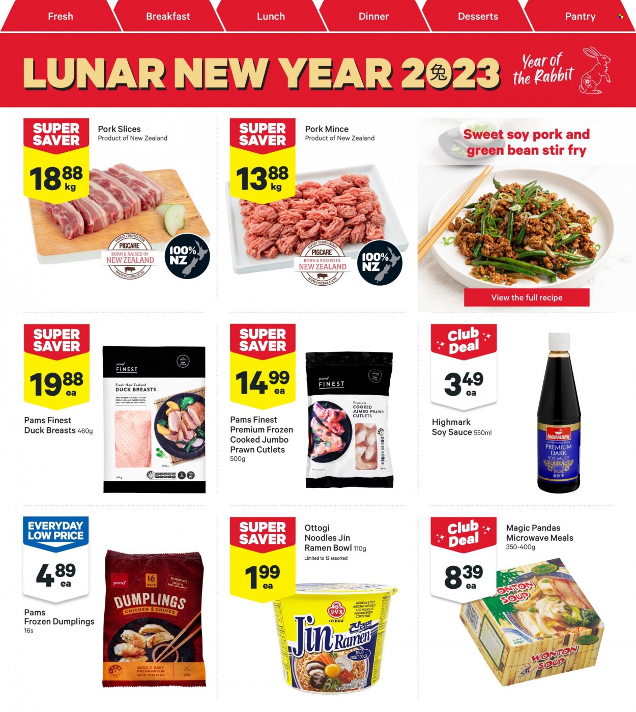 thumbnail - New World mailer - 23.01.2023 - 29.01.2023 - Sales products - chives, prawns, ramen, soup, sauce, dumplings, noodles, rabbit, soy sauce, duck meat, duck breasts, ground pork, pork meat, pan. Page 11.