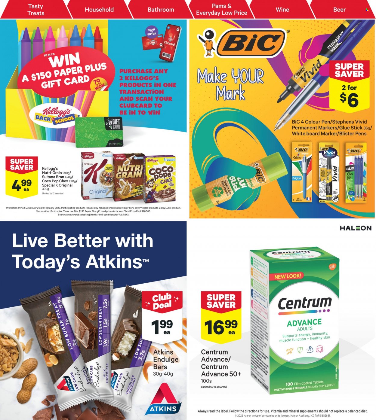 thumbnail - New World mailer - 23.01.2023 - 29.01.2023 - Sales products - Kellogg's, Pringles, cereals, Nutri-Grain, beer, BIC, glue, glue stick, paper, pen, marker, Centrum. Page 22.