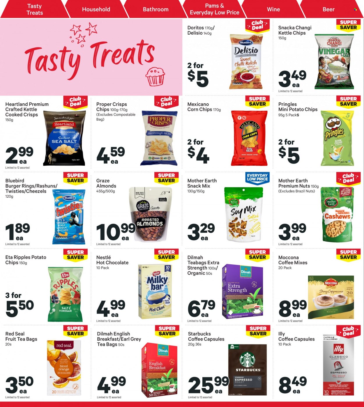 thumbnail - New World mailer - 23.01.2023 - 29.01.2023 - Sales products - hamburger, Nestlé, snack, Mother Earth, Doritos, potato chips, Pringles, chips, corn chips, Heartland, Mexicano, Bluebird, Delisio, almonds, Graze, brazil nuts, hot chocolate, tea bags, Moccona, coffee capsules, Starbucks, Illy, wine, beer. Page 26.