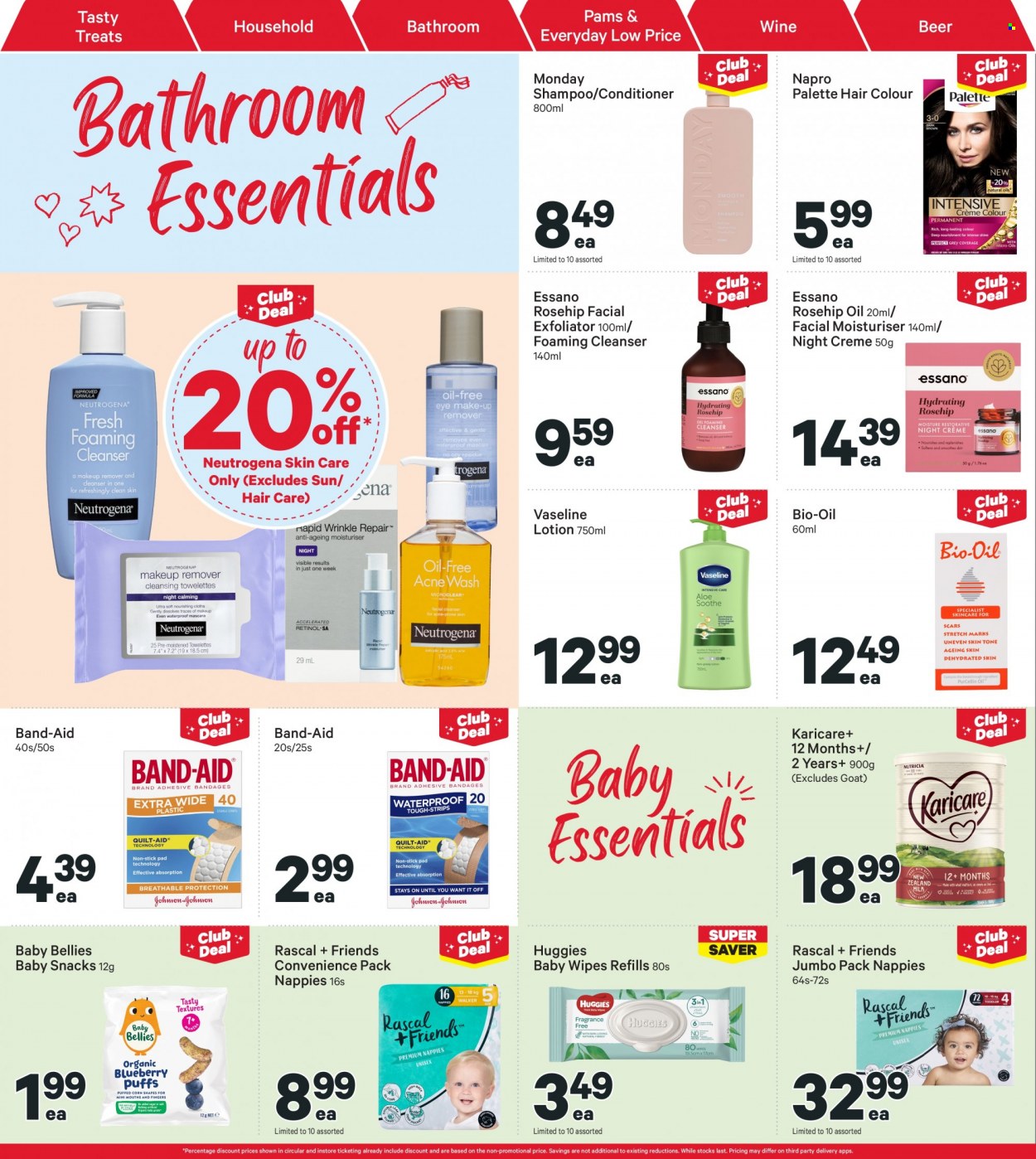 thumbnail - New World mailer - 23.01.2023 - 29.01.2023 - Sales products - snack, oil, beer, wipes, Huggies, baby wipes, nappies, shampoo, Vaseline, cleanser, Neutrogena, rosehip oil, conditioner, Palette, hair color, Essano, body lotion, band-aid. Page 30.