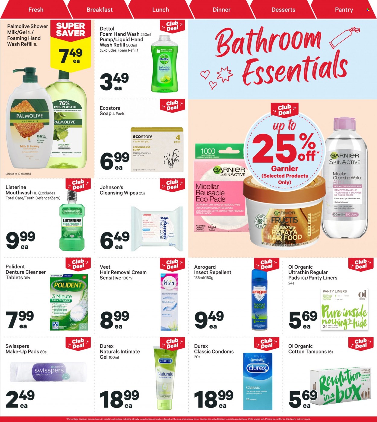 thumbnail - New World mailer - 23.01.2023 - 29.01.2023 - Sales products - milk, cleansing wipes, wipes, Johnson's, Dettol, hand wash, Palmolive, soap, Listerine, mouthwash, Polident, tampons, cleanser, Garnier, hair removal, Veet, repellent, makeup. Page 31.