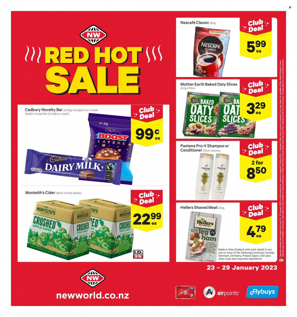 thumbnail - New World mailer - 23.01.2023 - 29.01.2023 - Sales products - Cadbury, Mother Earth, Nescafé, cider, shampoo, conditioner, Pantene. Page 2.