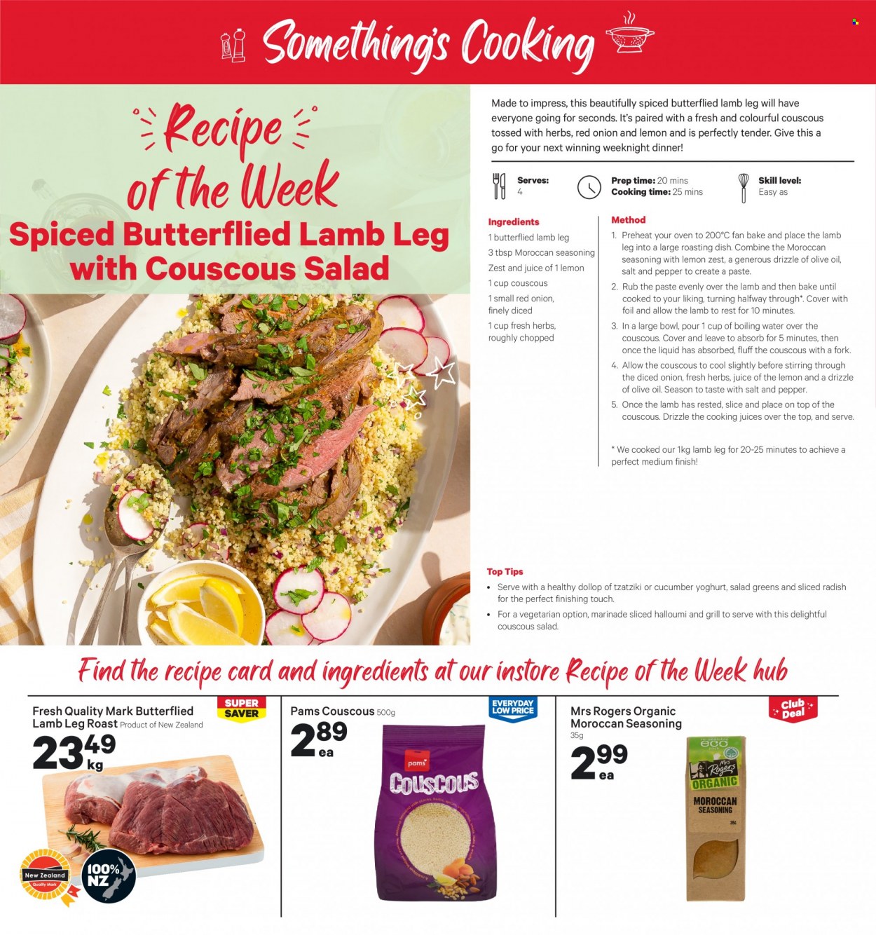 thumbnail - New World mailer - 23.01.2023 - 29.01.2023 - Sales products - onion, tzatziki, halloumi, yoghurt, couscous, pepper, spice, marinade, oil, lamb meat, lamb leg, fork, salad greens. Page 4.
