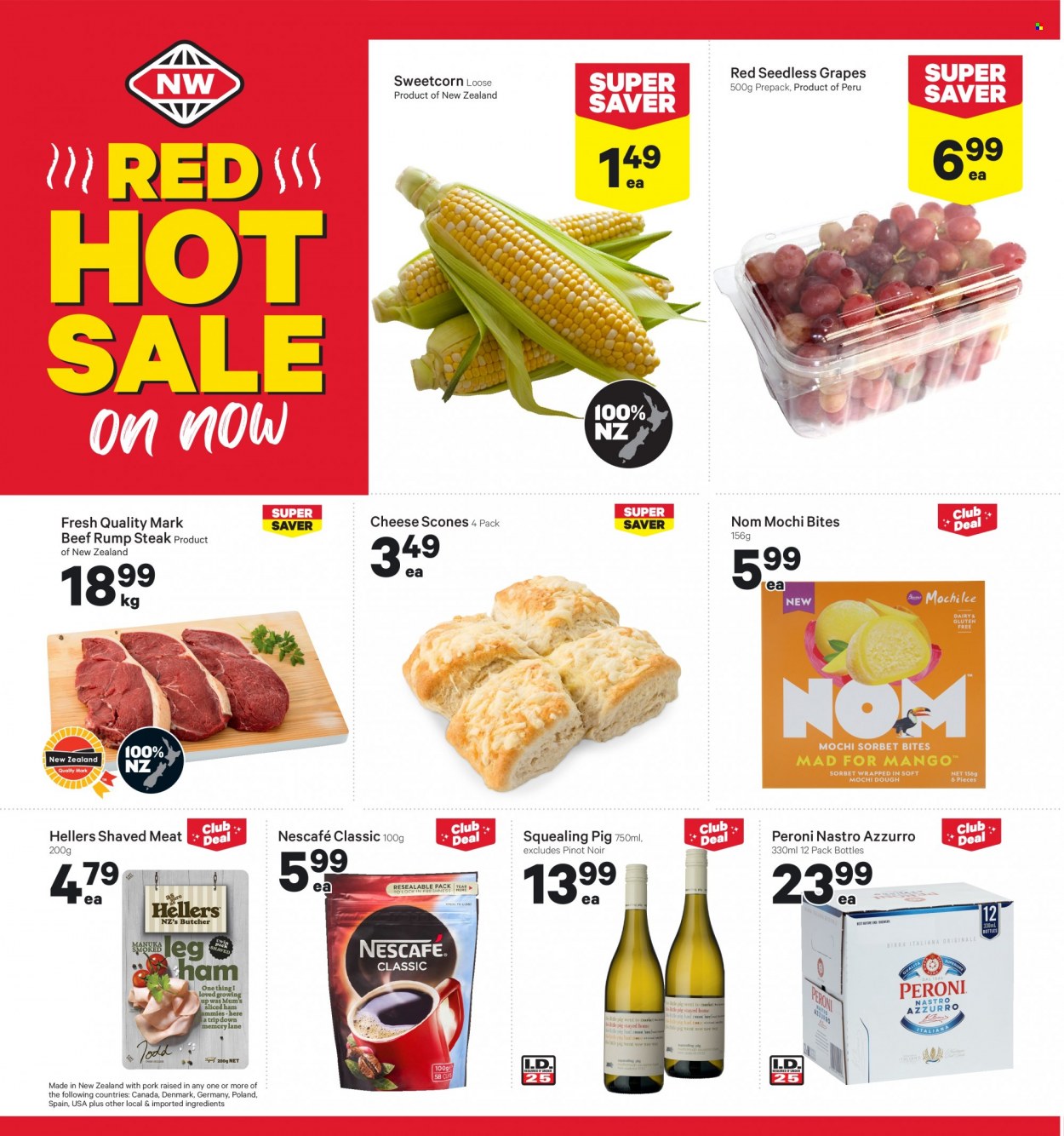 thumbnail - New World mailer - 23.01.2023 - 29.01.2023 - Sales products - grapes, seedless grapes, ham, cheese, Nescafé, wine, Pinot Noir, Peroni, beef meat, steak, rump steak, cup, Wee-Wee. Page 6.