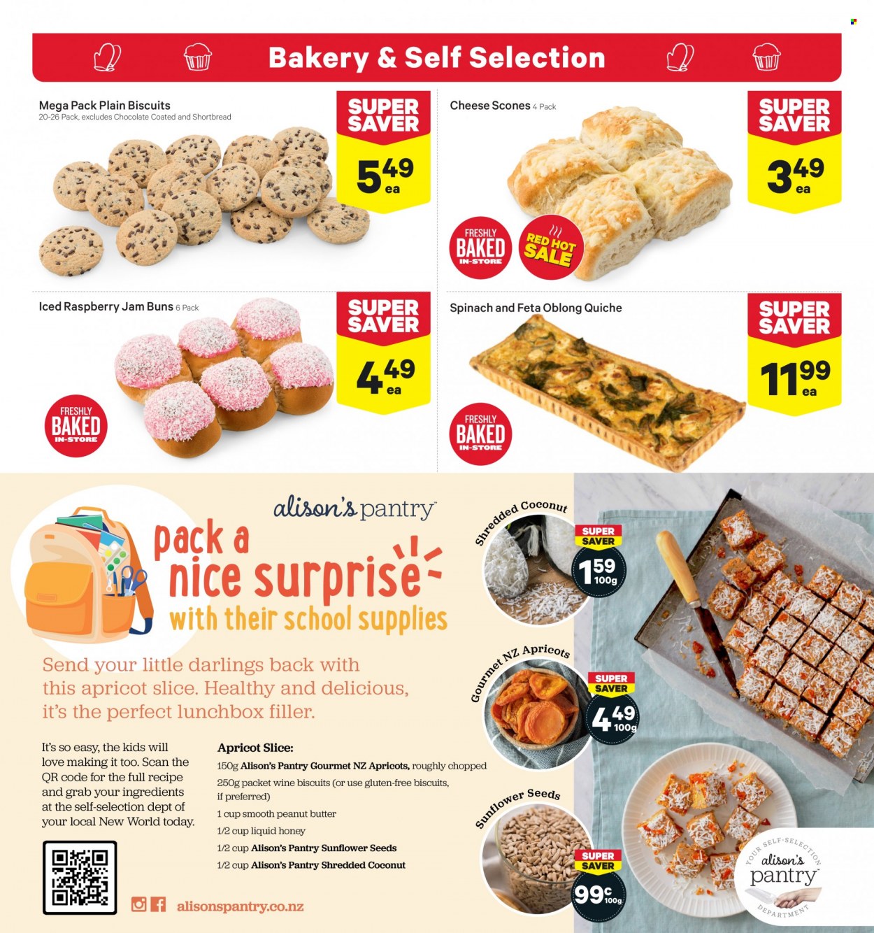 thumbnail - New World mailer - 23.01.2023 - 29.01.2023 - Sales products - buns, coconut, apricots, cheese, feta, chocolate, biscuit, raspberry jam, honey, fruit jam, sunflower seeds, shredded coconut, wine, meal box. Page 10.