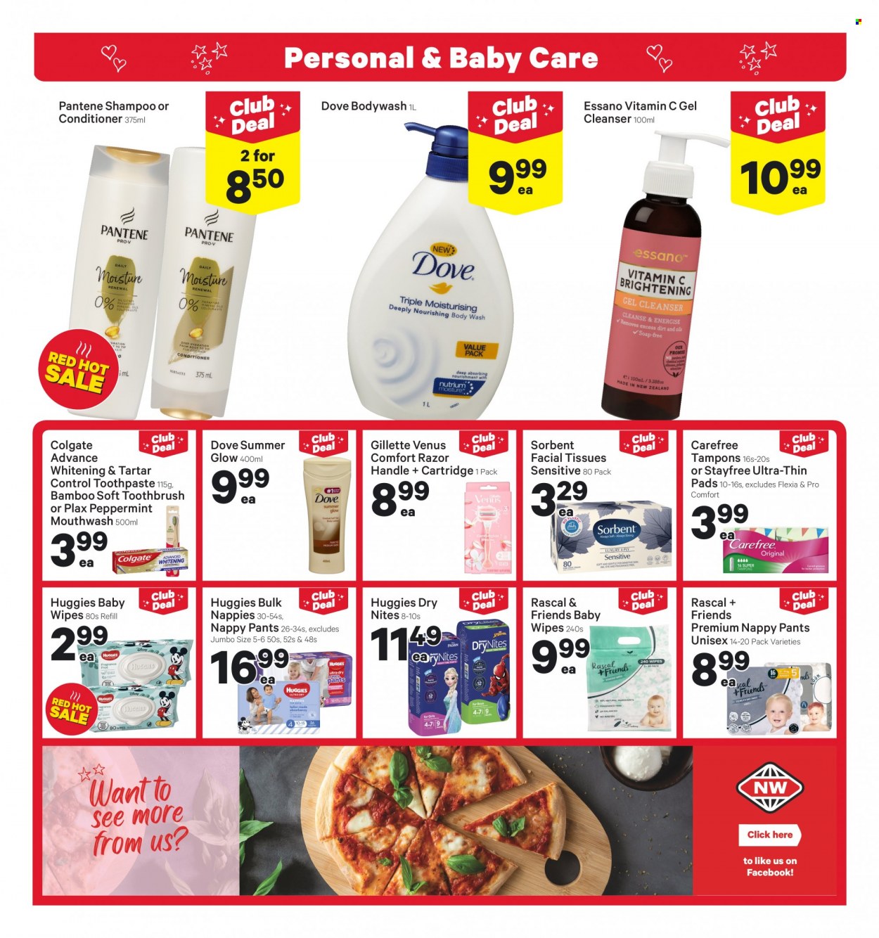 thumbnail - New World mailer - 23.01.2023 - 29.01.2023 - Sales products - Dove, wipes, Huggies, pants, baby wipes, nappies, tissues, shampoo, Colgate, toothbrush, toothpaste, mouthwash, Plax, Stayfree, Carefree, tampons, cleanser, facial tissues, conditioner, Pantene, Essano, Gillette, razor, Venus, vitamin c. Page 18.