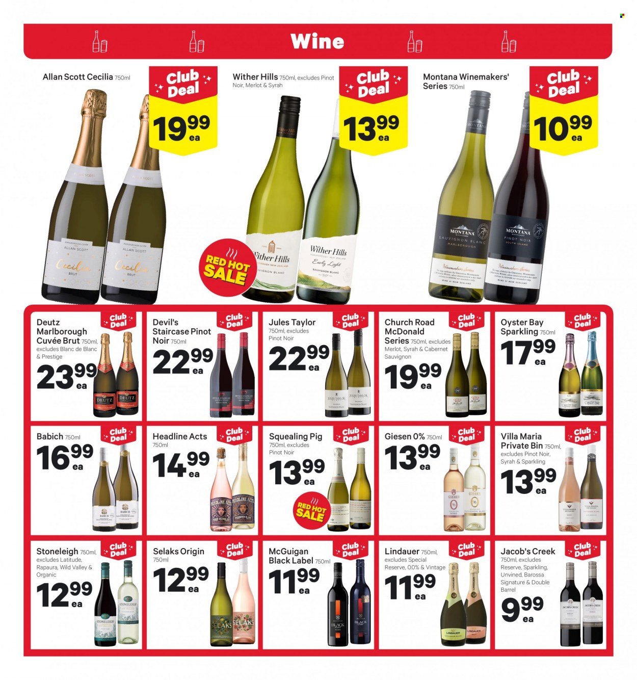 thumbnail - New World mailer - 23.01.2023 - 29.01.2023 - Sales products - oysters, Cabernet Sauvignon, red wine, sparkling wine, wine, Merlot, Pinot Noir, Cuvée, Lindauer, Jules Taylor, Wither Hills, Syrah, Jacob's Creek, Scott, Brut, bin, Hill's. Page 21.