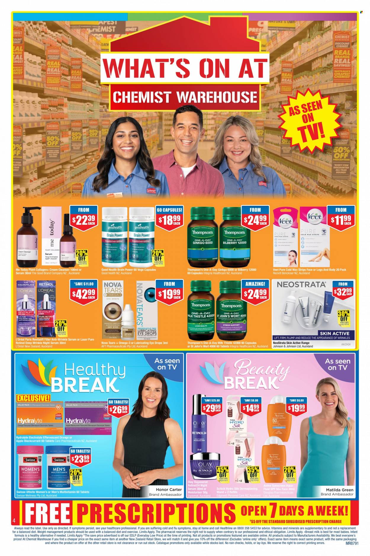 thumbnail - Chemist Warehouse mailer - 26.01.2023 - 19.02.2023 - Sales products - Johnson's, Swisse, cleanser, L’Oréal, serum, Olay, Veet, wax strips, multivitamin, Omega-3, eye drops, Thompson's. Page 4.