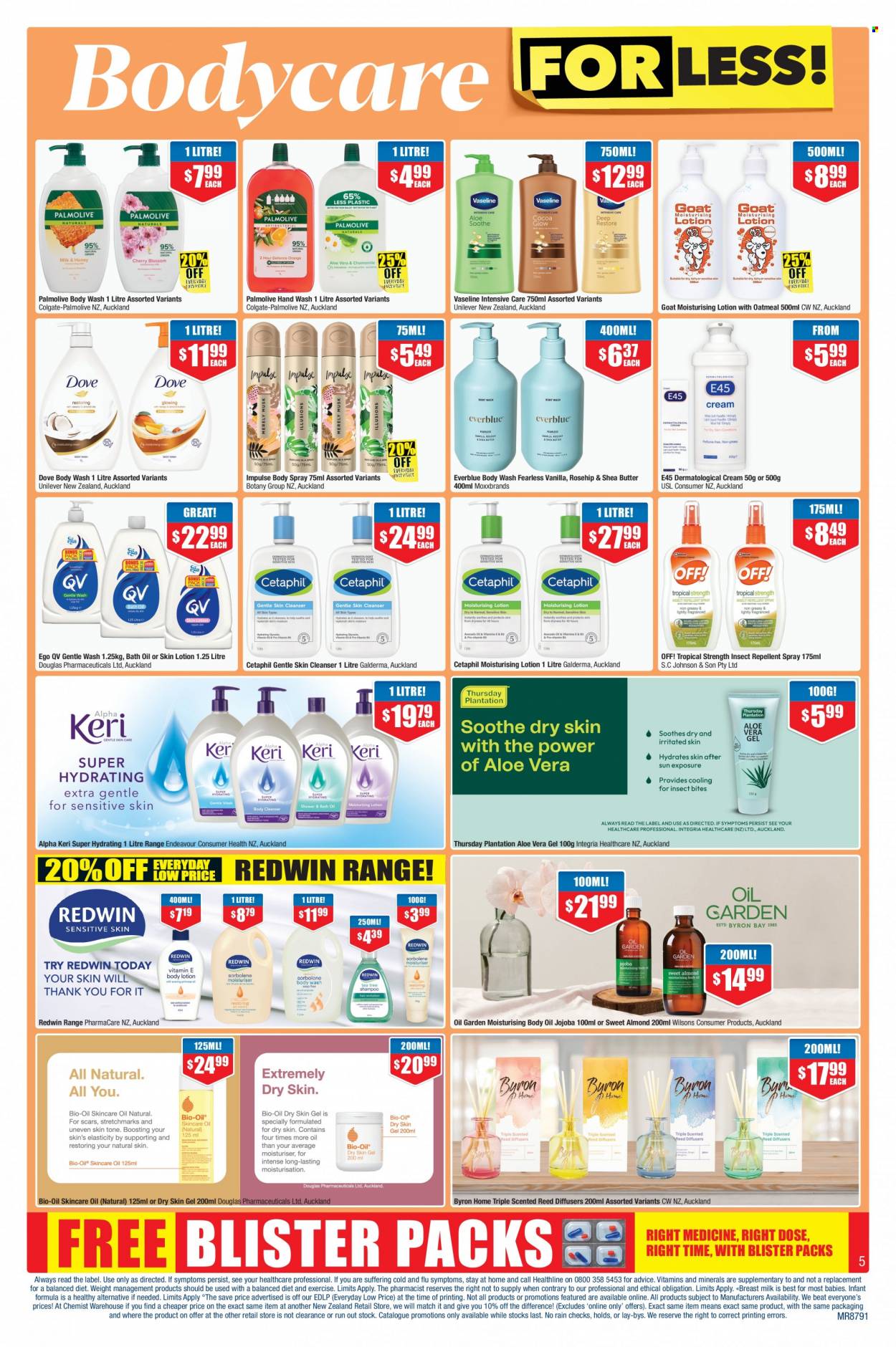 thumbnail - Chemist Warehouse mailer - 26.01.2023 - 19.02.2023 - Sales products - Johnson's, Dove, bath oil, body wash, hand wash, Palmolive, Vaseline, Keri, Colgate, cleanser, E45, body lotion, body oil, body spray, shea butter, repellent, diffuser. Page 5.