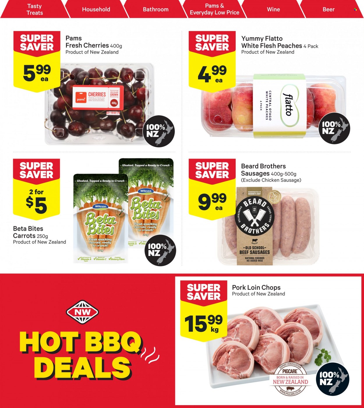 thumbnail - New World mailer - 30.01.2023 - 05.02.2023 - Sales products - cherries, peaches, sausage, chicken sausage, beef sausage, wine, BROTHERS, beer, pork chops, pork loin, pork meat, BETA, vitamin c. Page 4.