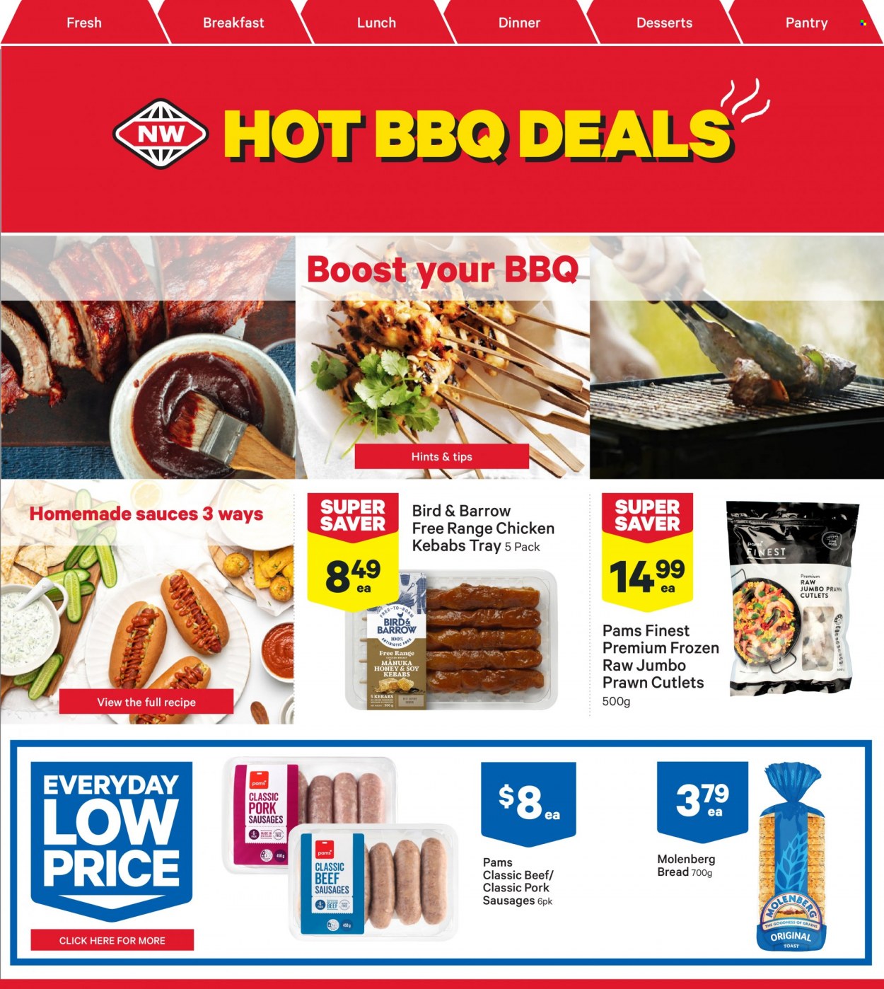 thumbnail - New World mailer - 30.01.2023 - 05.02.2023 - Sales products - bread, prawns, chicken kabobs, sausage, beef sausage, Manuka Honey, Boost, tray. Page 7.