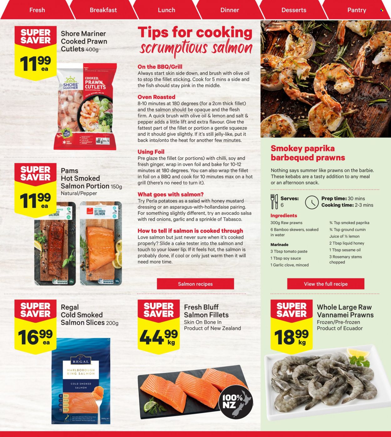 thumbnail - New World mailer - 30.01.2023 - 05.02.2023 - Sales products - cake, garlic, ginger, red onions, potatoes, avocado, salmon, salmon fillet, smoked salmon, prawns, fish, Shore Mariner, snack, jelly, tabasco, tomato paste, rosemary, cloves, cumin, mustard, soy sauce, honey mustard, dressing, salsa, marinade, sesame oil, oil, juice, Sure. Page 9.