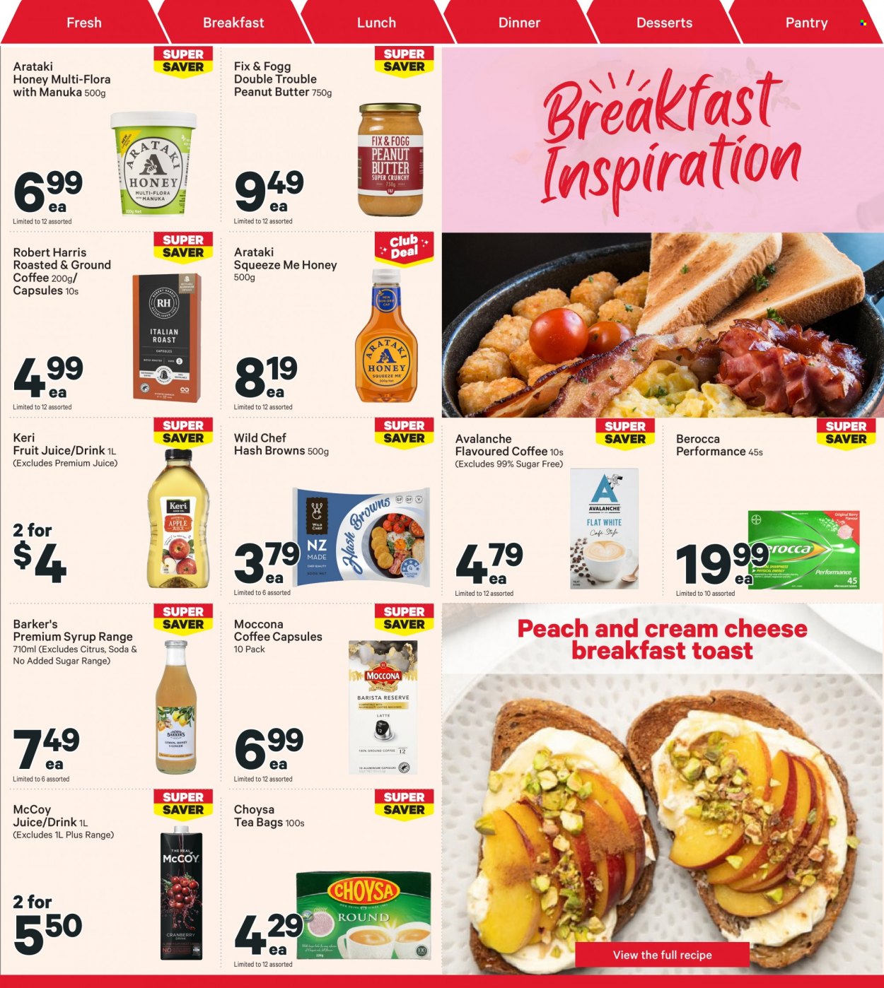 thumbnail - New World mailer - 30.01.2023 - 05.02.2023 - Sales products - Flora, hash browns, Harris, honey, peanut butter, syrup, juice, fruit juice, soda, tea bags, ground coffee, Moccona, coffee capsules, Keri, Berocca. Page 13.