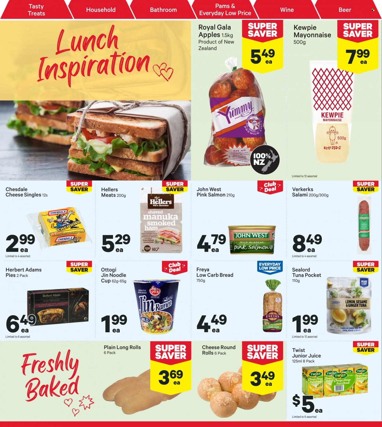 thumbnail - New World mailer - 30.01.2023 - 05.02.2023 - Sales products - bread, Gala, oranges, apples, salmon, tuna, Sealord, ramen, instant noodles, noodles, salami, ham, smoked ham, danish salami, sliced cheese, mayonnaise, sealord tuna, juice, fruit drink, Cabernet Sauvignon, wine, beer, cup. Page 14.