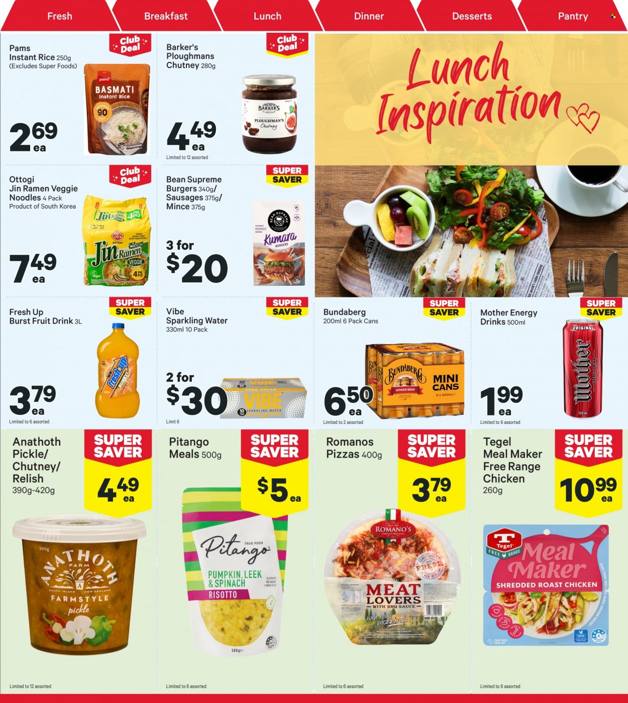 thumbnail - New World mailer - 30.01.2023 - 05.02.2023 - Sales products - leek, kiwi, oranges, coconut, ramen, risotto, pizza, chicken roast, soup, hamburger, noodles cup, noodles, sausage, basmati rice, buckwheat, rice, BBQ sauce, chutney, energy drink, fruit drink, sparkling water, Bundaberg, beer, ginger beer. Page 15.