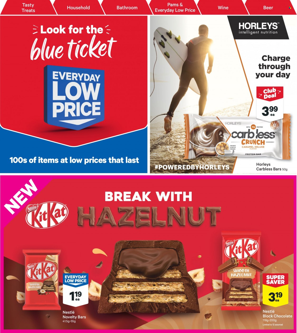thumbnail - New World mailer - 30.01.2023 - 05.02.2023 - Sales products - Nestlé, chocolate, KitKat, protein bar, caramel, wine, beer. Page 20.