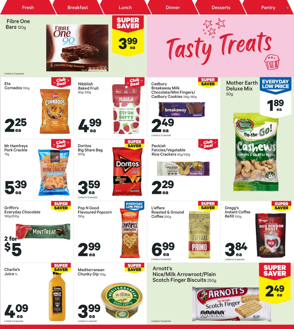 thumbnail - New World mailer - 30.01.2023 - 05.02.2023 - Sales products - dip, cookies, milk chocolate, chocolate, crackers, biscuit, Cadbury, Griffin's, Mother Earth, Doritos, popcorn, rice crackers, Nibblish, baked fruit, juice, coffee, instant coffee, ground coffee. Page 23.