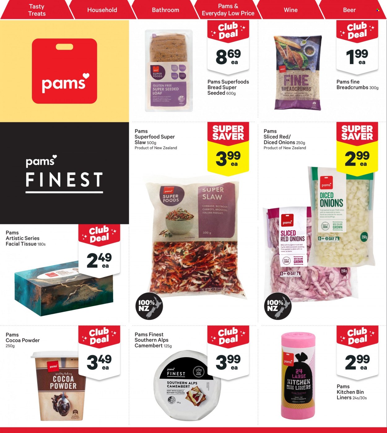 thumbnail - New World mailer - 30.01.2023 - 05.02.2023 - Sales products - bread, breadcrumbs, broccoli, red onions, parsley, beetroot, seafood, hamburger, camembert, wine, rosé wine, beer, tissues, bin, pan. Page 26.
