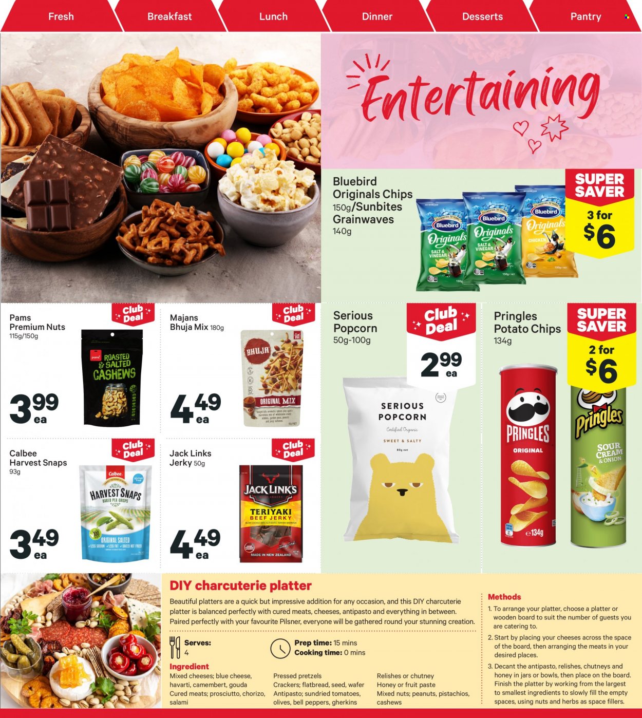 thumbnail - New World mailer - 30.01.2023 - 05.02.2023 - Sales products - pretzels, flatbread, salami, jerky, prosciutto, chorizo, blue cheese, camembert, gouda, Havarti, cheese, wafers, crackers, potato chips, Pringles, chips, Bluebird, popcorn, Sunbites, Harvest Snaps, olives, cashews, peanuts, pistachios, mixed nuts, jar. Page 37.