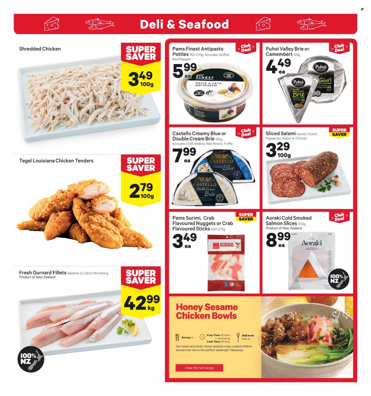 thumbnail - New World mailer - 30.01.2023 - 05.02.2023 - Sales products - red peppers, salmon, smoked salmon, crab, chicken tenders, nuggets, salami, chorizo, pepperoni, camembert, brie, truffles. Page 7.