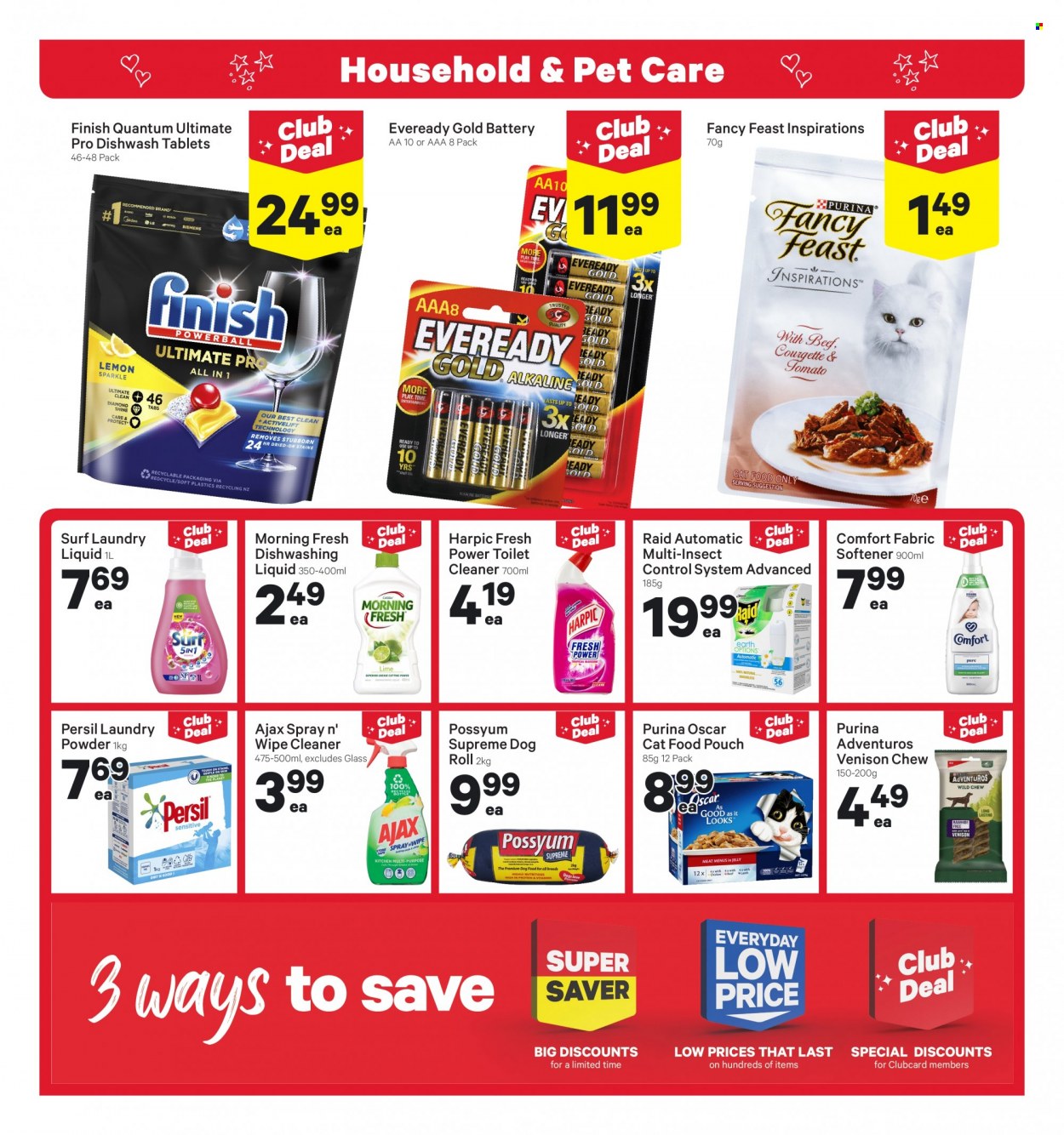 thumbnail - New World mailer - 30.01.2023 - 05.02.2023 - Sales products - cleaner, toilet cleaner, Harpic, Ajax, Persil, fabric softener, laundry detergent, laundry powder, Surf, Comfort softener, dishwashing liquid, Finish Powerball, Finish Quantum Ultimate, Raid, battery, Eveready, animal food, cat food, dog food, Purina, Fancy Feast. Page 16.