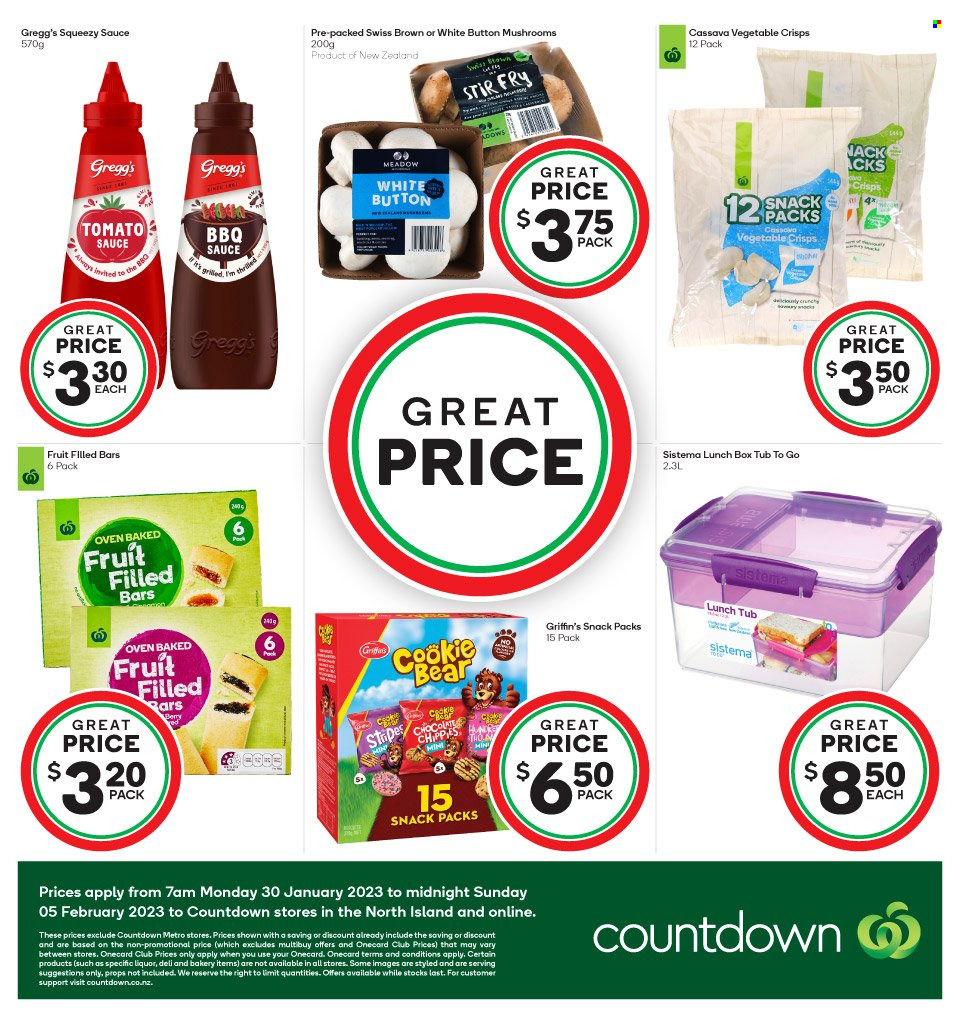 thumbnail - Countdown mailer - 30.01.2023 - 05.02.2023 - Sales products - mushrooms, cake, cassava, sauce, snack, Griffin's, BBQ sauce, baked fruit, liquor, meal box. Page 2.