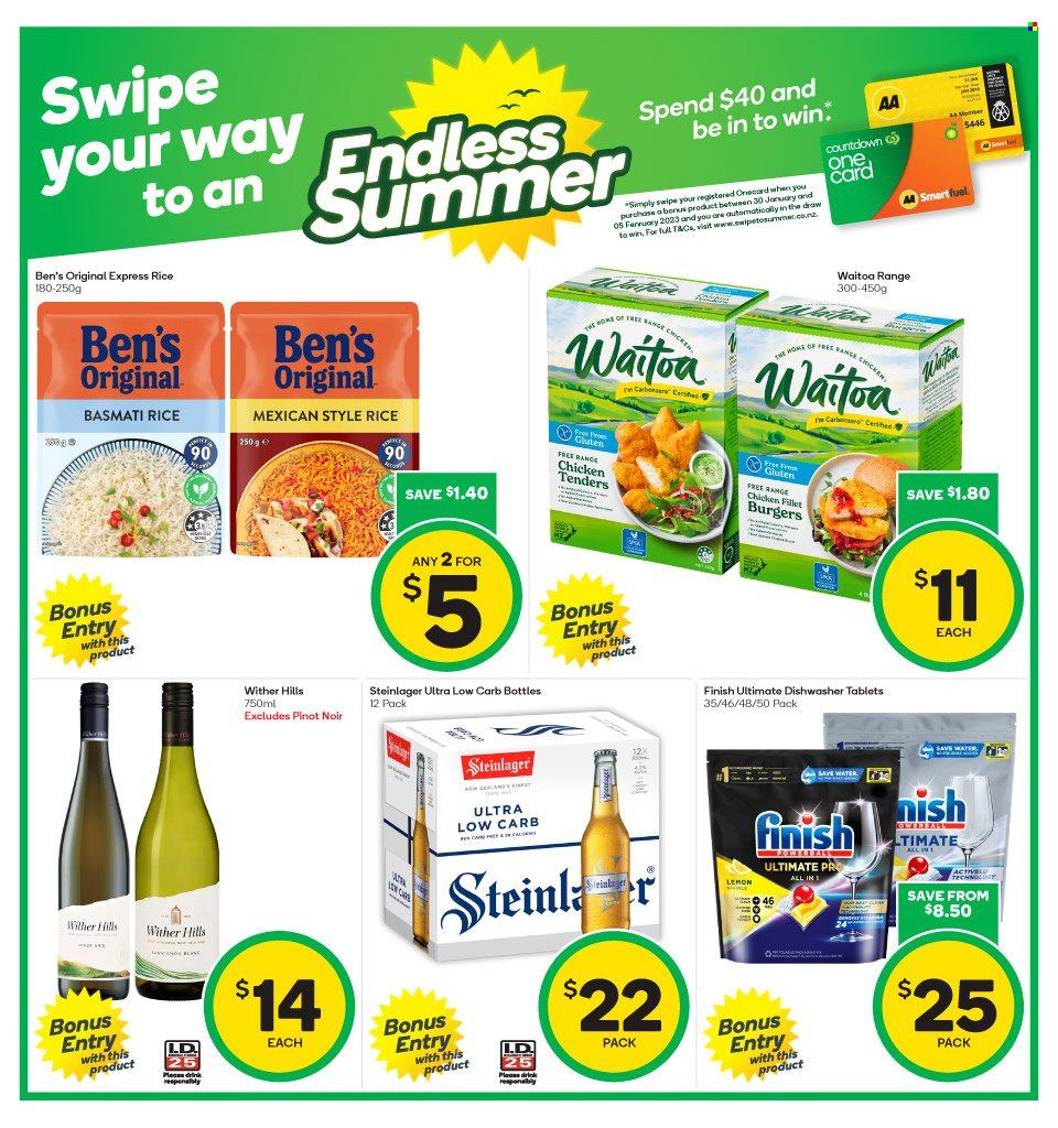 thumbnail - Countdown mailer - 30.01.2023 - 05.02.2023 - Sales products - hamburger, basmati rice, rice, red wine, wine, Pinot Noir, Wither Hills, Steinlager, dishwasher cleaner, Finish Quantum Ultimate, dishwasher tablets, Hill's. Page 7.