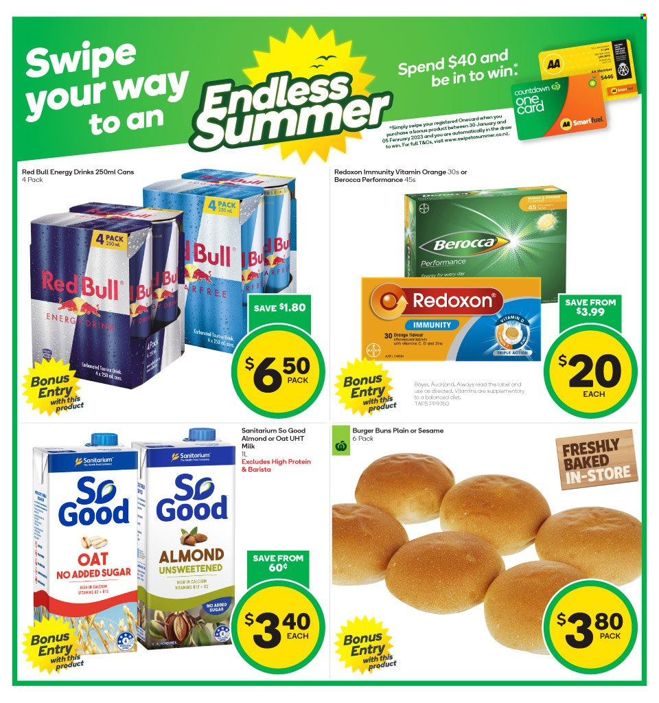 thumbnail - Countdown mailer - 30.01.2023 - 05.02.2023 - Sales products - buns, burger buns, oranges, milk, energy drink, Red Bull, calcium, Berocca. Page 8.