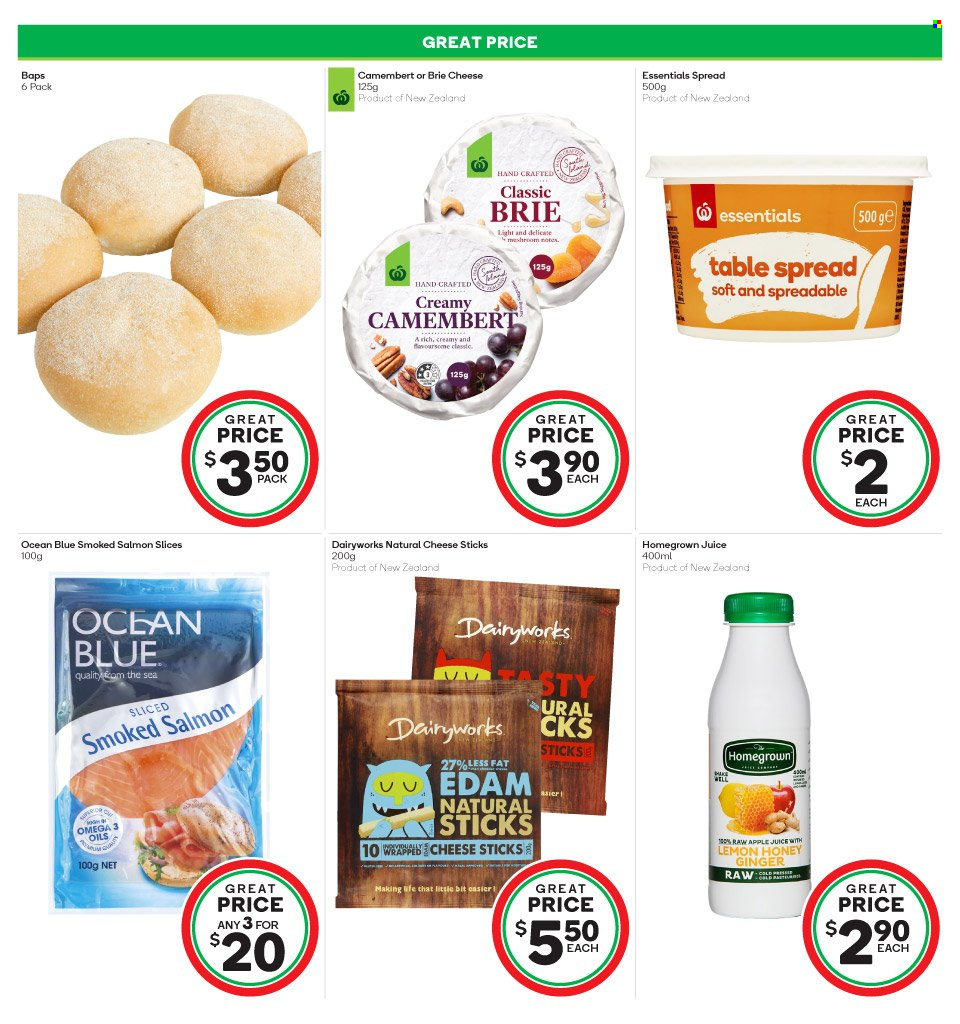 thumbnail - Countdown mailer - 30.01.2023 - 05.02.2023 - Sales products - ginger, salmon, smoked salmon, camembert, edam cheese, cheese, brie, cheese sticks, honey, apple juice, juice, table, Omega-3. Page 12.