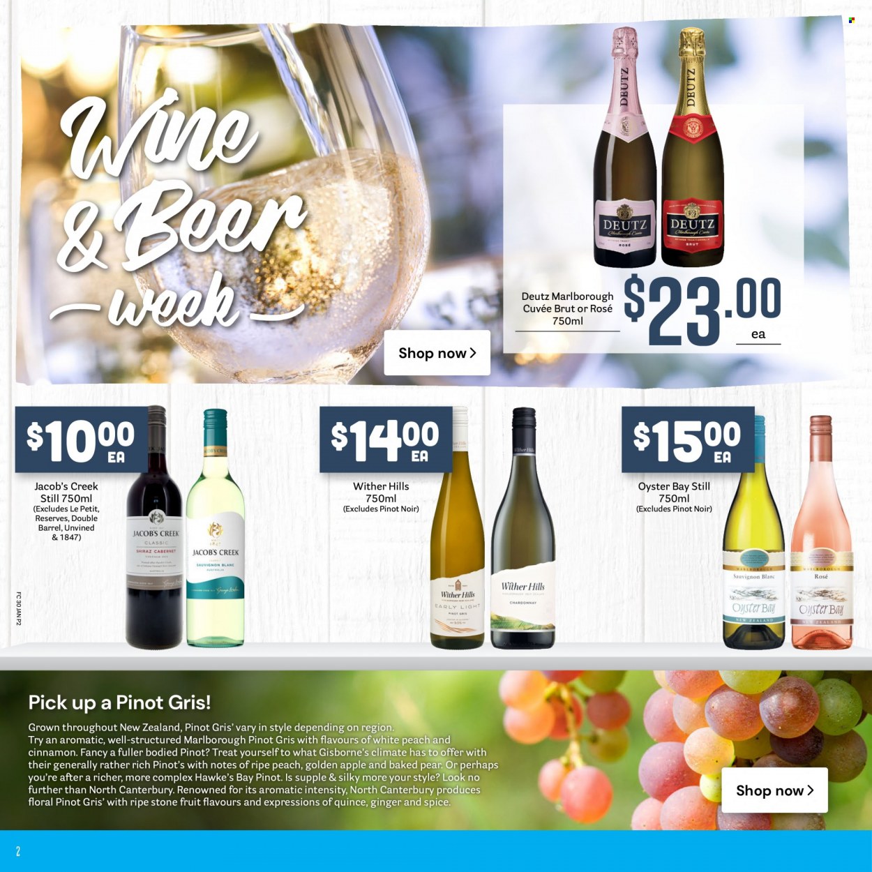 thumbnail - Fresh Choice mailer - 30.01.2023 - 05.02.2023 - Sales products - ginger, quince, pears, oysters, spice, cinnamon, red wine, white wine, wine, Pinot Noir, Cuvée, Wither Hills, Jacob's Creek, Pinot Grigio, rosé wine, Brut, Hill's, rose. Page 2.