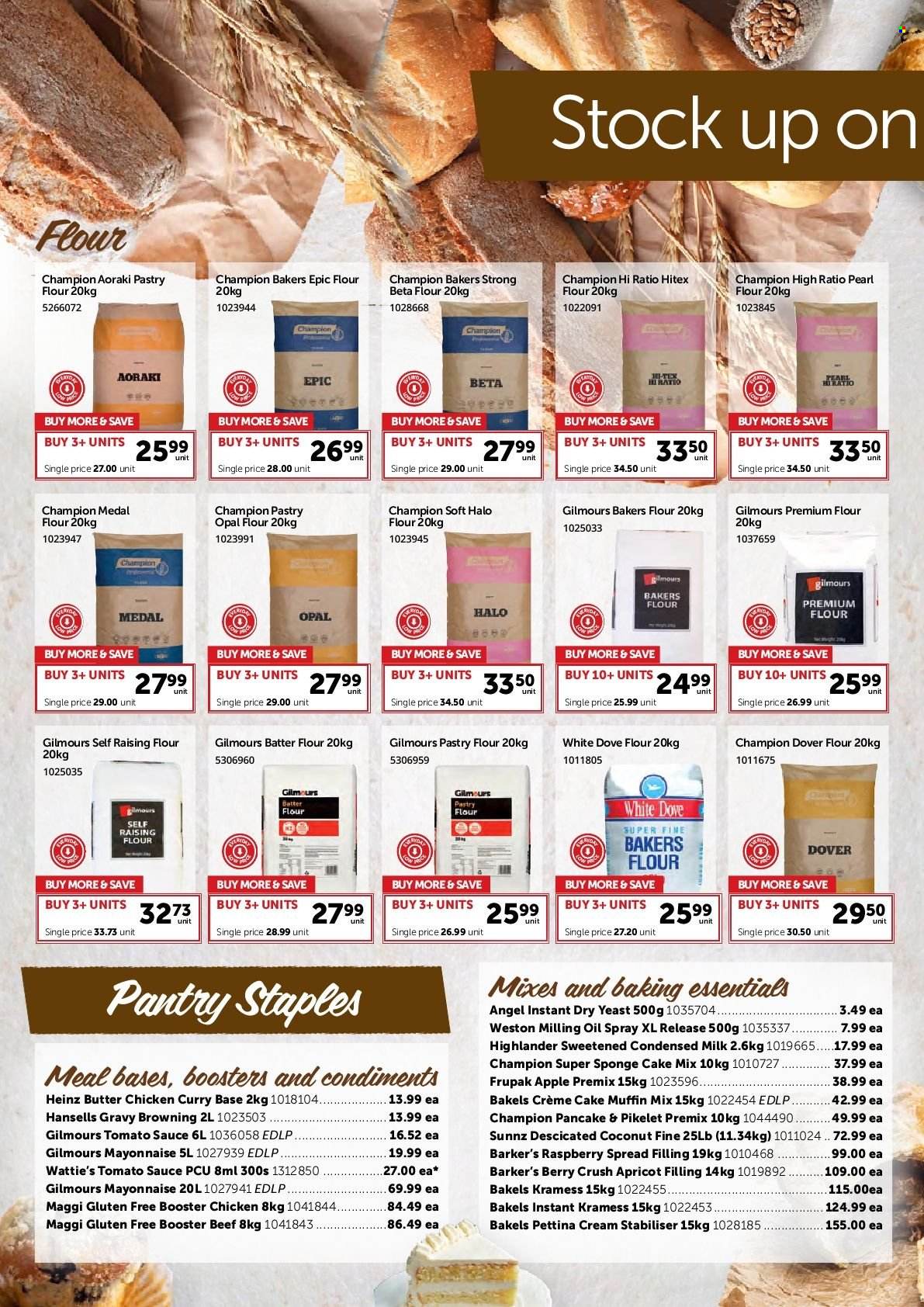 thumbnail - Gilmours mailer - 30.01.2023 - 26.02.2023 - Sales products - sponge cake, cream pie, cake mix, muffin mix, coconut, sauce, pancakes, Wattie's, milk, condensed milk, yeast, mayonnaise, Dove, flour, Maggi, dry yeast, tomato sauce, Heinz, oil. Page 1.