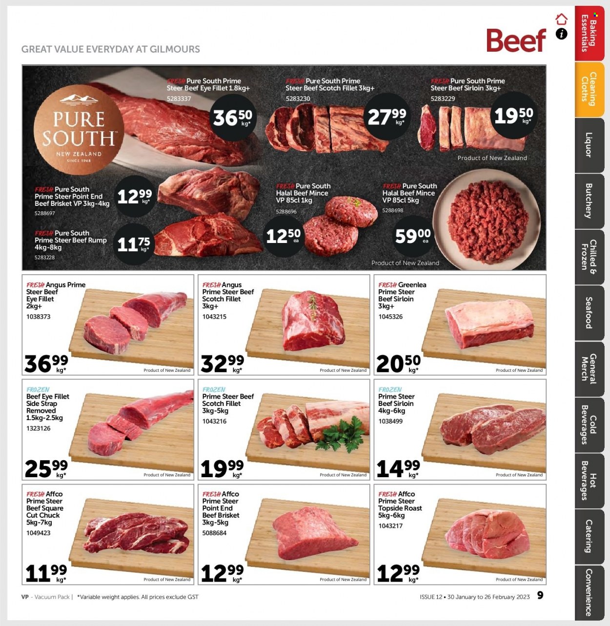 thumbnail - Gilmours mailer - 30.01.2023 - 26.02.2023 - Sales products - seafood, liquor, beef meat, beef sirloin, ground beef, beef tenderloin, eye of round, beef brisket. Page 8.