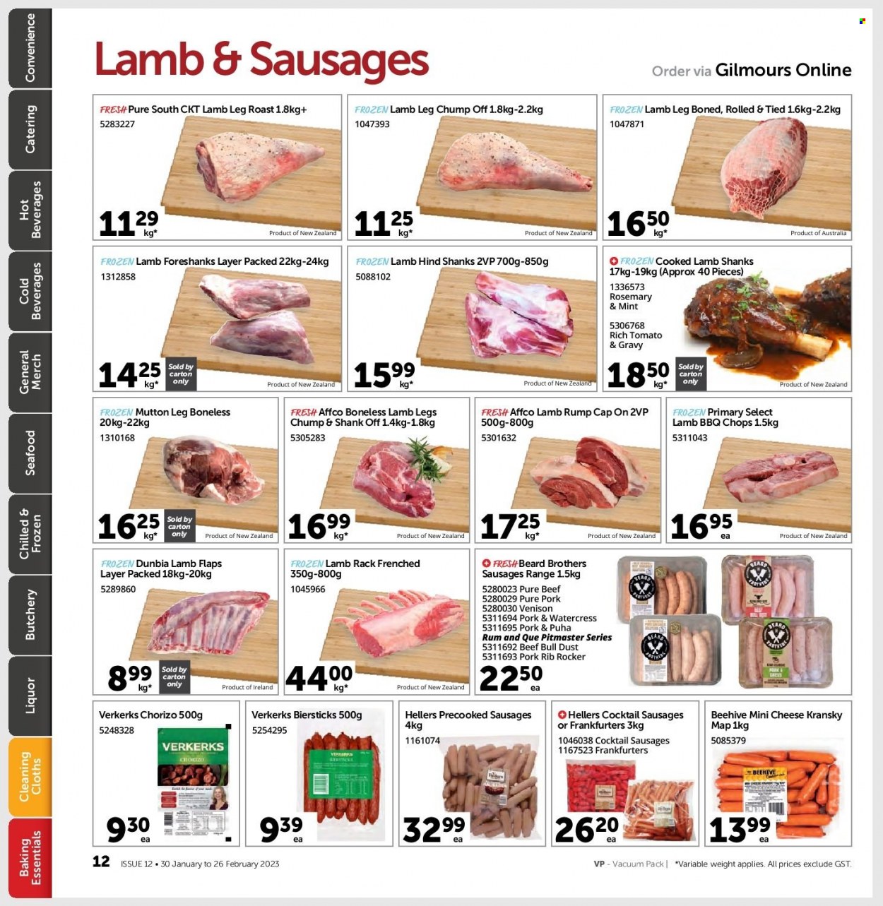 thumbnail - Gilmours mailer - 30.01.2023 - 26.02.2023 - Sales products - seafood, chorizo, Kransky, cheese, rosemary, watercress, rum, BROTHERS, lamb meat, mutton meat, lamb leg, venison meat. Page 11.