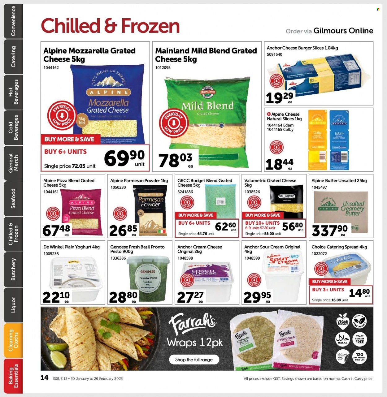 thumbnail - Gilmours mailer - 30.01.2023 - 26.02.2023 - Sales products - wraps, seafood, pizza, Colby cheese, cream cheese, edam cheese, sliced cheese, parmesan, grated cheese, yoghurt, yeast, butter, Anchor, sour cream, pesto. Page 13.