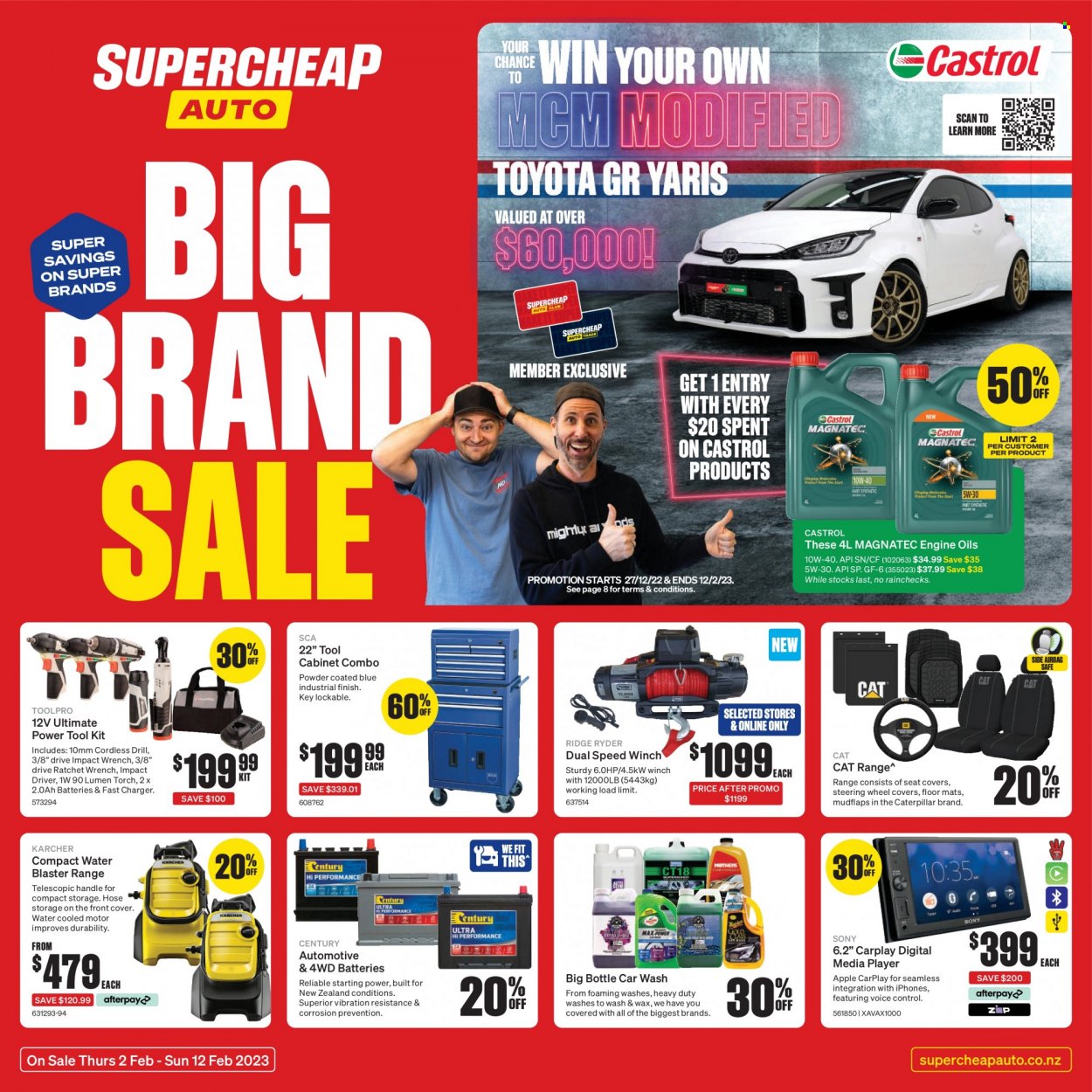 thumbnail - SuperCheap Auto mailer - 02.02.2023 - 12.02.2023 - Sales products - Ridge Ryder, Sony, media player, impact driver, tool set, cabinet, Kärcher, tool cabinets, car seat cover, car battery, automotive batteries, Castrol, wheel covers, torch. Page 1.