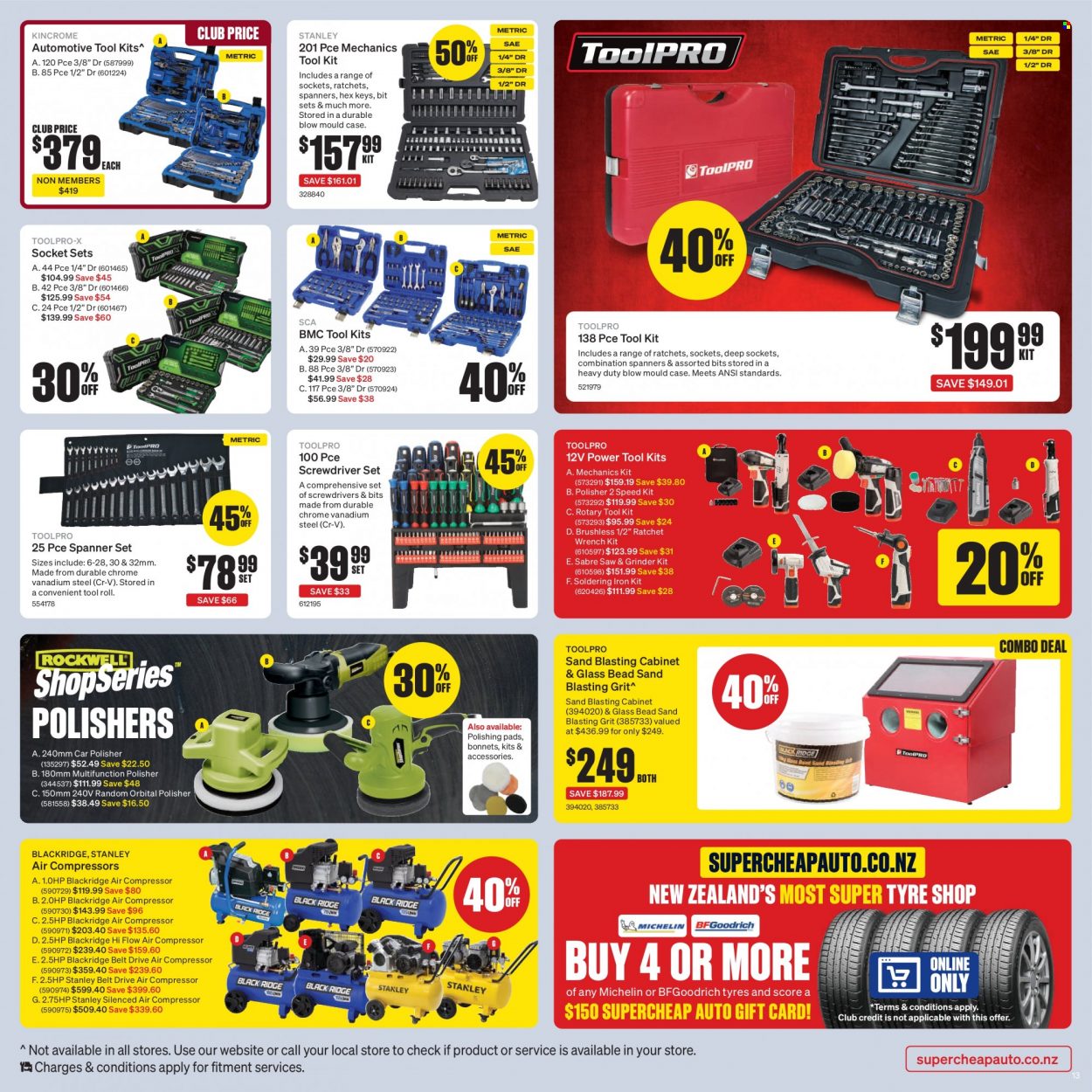 thumbnail - SuperCheap Auto mailer - 02.02.2023 - 12.02.2023 - Sales products - Stanley, screwdriver, grinder, saw, spanner, tool set, screwdriver set, air compressor, cabinet, soldering iron, BF Goodrich, Michelin, tires. Page 13.