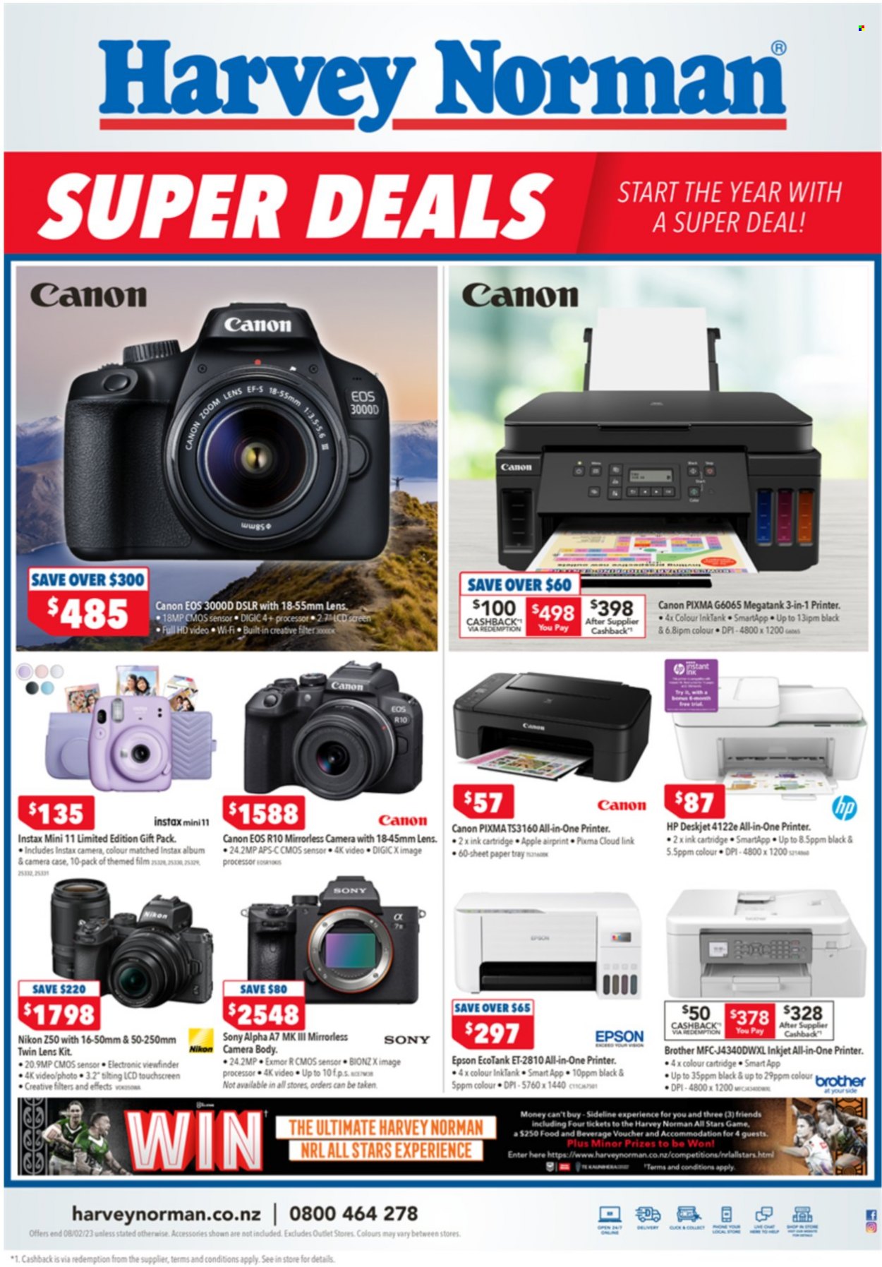 thumbnail - Harvey Norman mailer - 03.02.2023 - 06.02.2023 - Sales products - Sony, Hewlett Packard, Brother, Canon, lens, mirrorless camera, Nikon, camera, Epson, all-in-one printer, printer, HP DeskJet. Page 1.