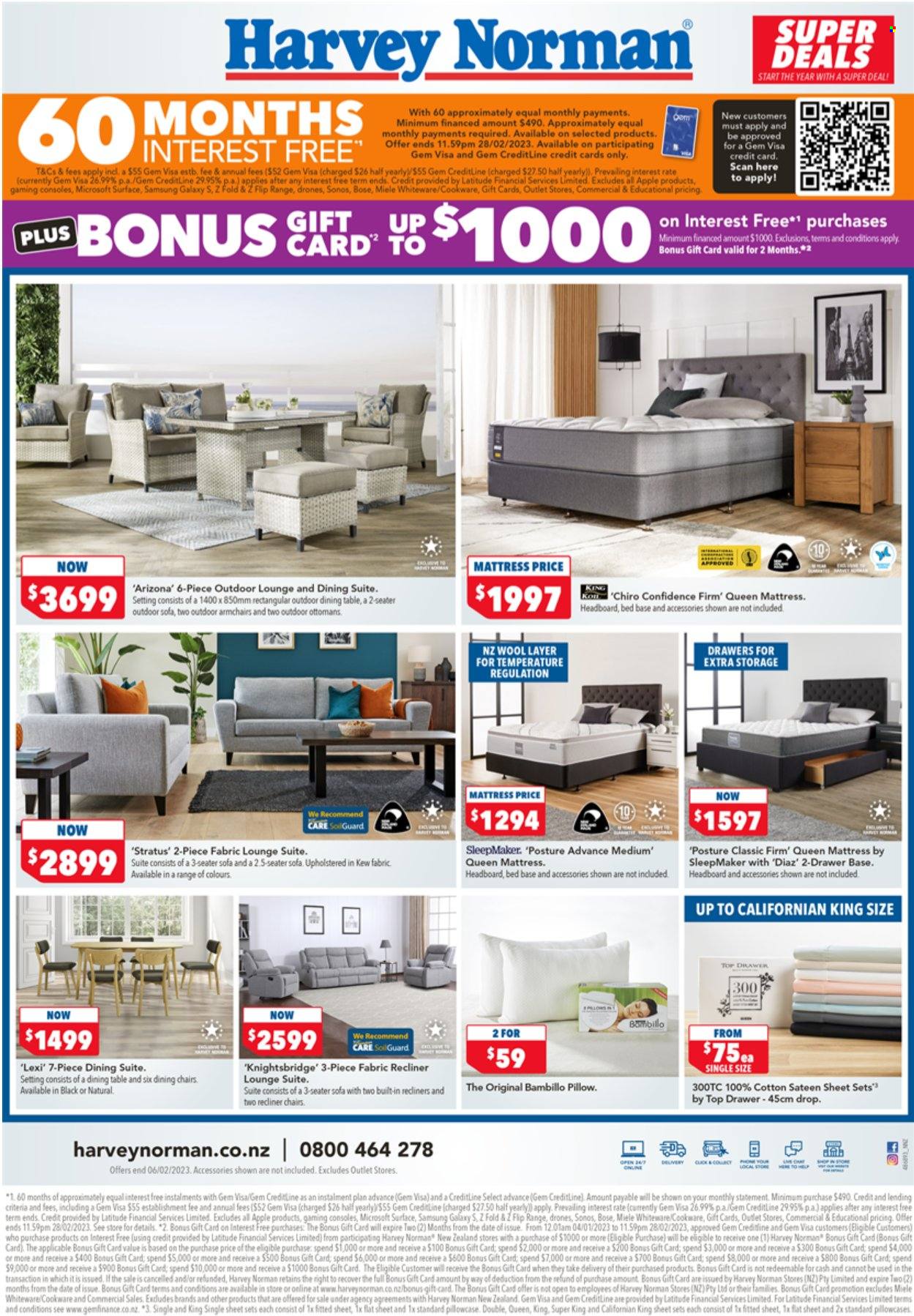 thumbnail - Harvey Norman mailer - 03.02.2023 - 06.02.2023 - Sales products - dining table, table, chair, arm chair, sofa, recliner chair, lounge suite, lounge, drawer base, bed, headboard, mattress, Apple, Samsung Galaxy, pillow, pillowcase, drone, Samsung, Samsung Galaxy S, Sonos, BOSE, Miele. Page 5.