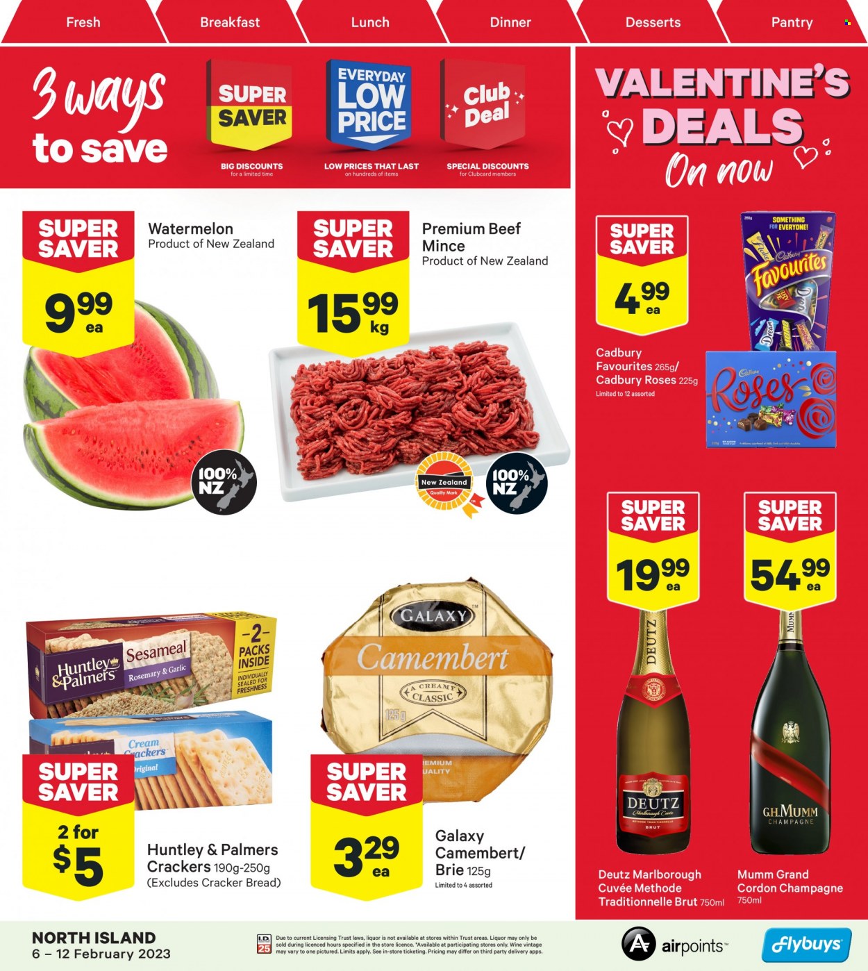 thumbnail - New World mailer - 06.02.2023 - 12.02.2023 - Sales products - bread, watermelon, camembert, brie, crackers, Cadbury, Cadbury Roses, champagne, wine, Cuvée, beef meat, ground beef. Page 1.