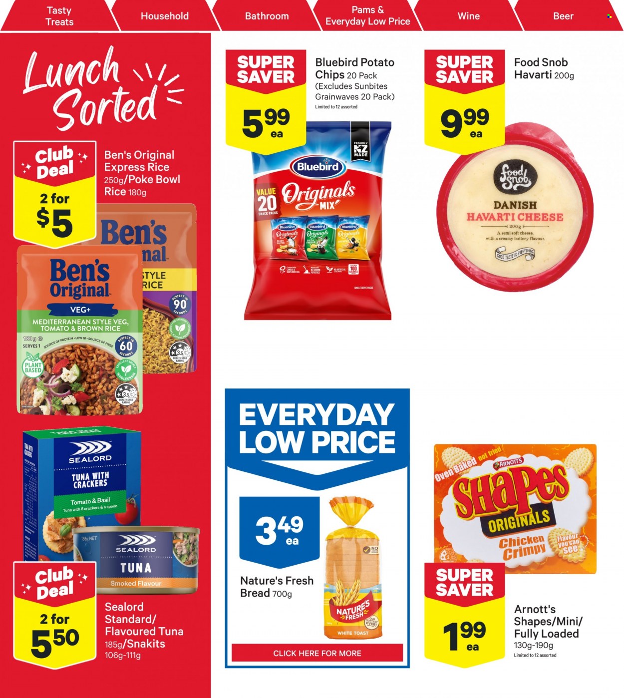 thumbnail - New World mailer - 06.02.2023 - 12.02.2023 - Sales products - bread, tuna, Sealord, soft cheese, Havarti, cheese, snack, crackers, potato chips, chips, Bluebird, Sunbites, sealord tuna, brown rice, rice, oil, wine, beer, spoon, bowl. Page 2.