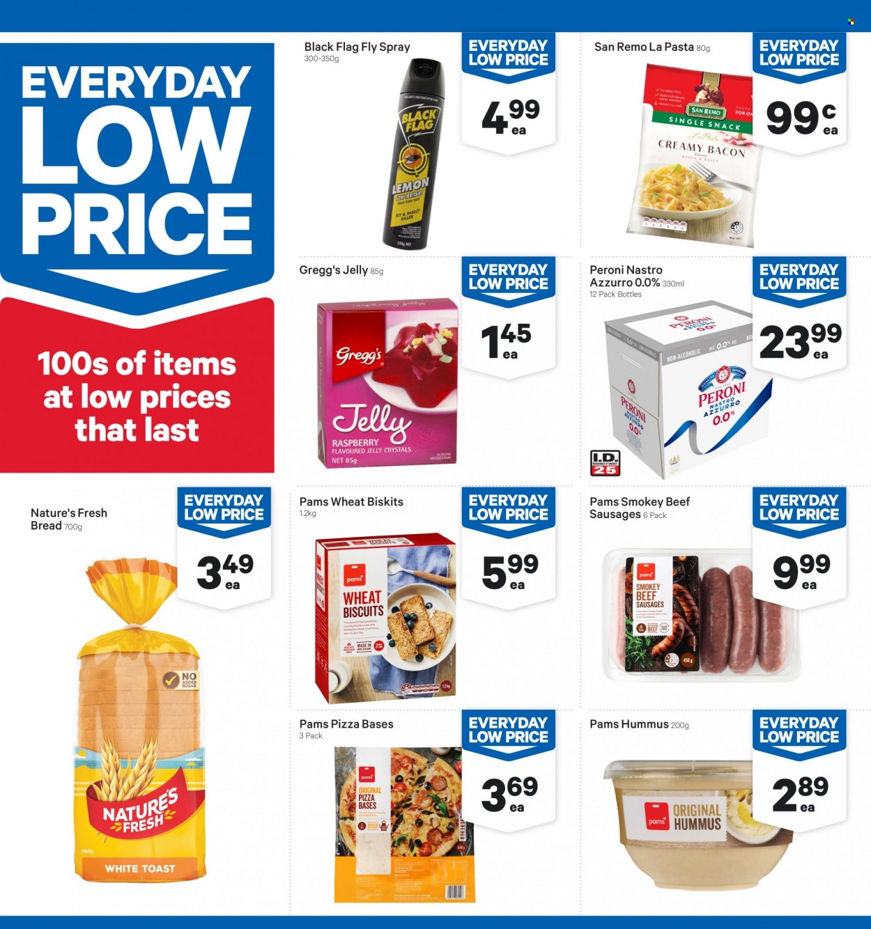 thumbnail - New World mailer - 06.02.2023 - 12.02.2023 - Sales products - bread, pasta, bacon, sausage, beef sausage, hummus, pizza dough, snack, jelly, biscuit, semolina, Peroni, insect killer. Page 3.