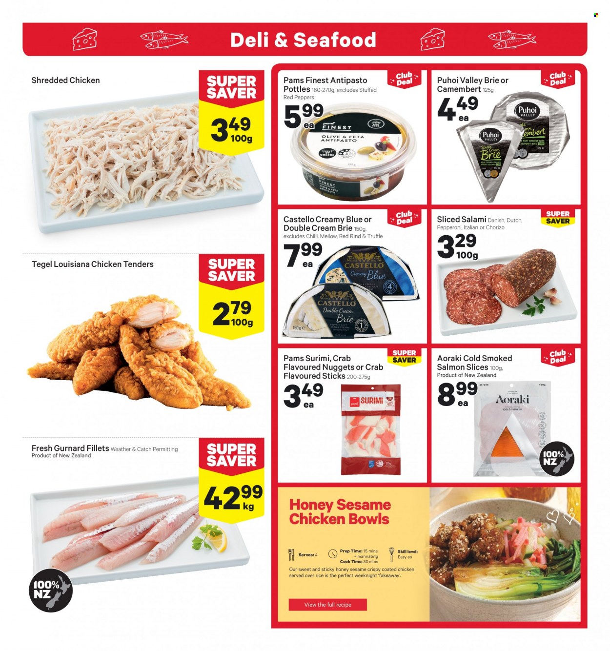 thumbnail - New World mailer - 06.02.2023 - 12.02.2023 - Sales products - red peppers, salmon, smoked salmon, crab, chicken tenders, nuggets, salami, chorizo, pepperoni, camembert, brie, truffles. Page 7.